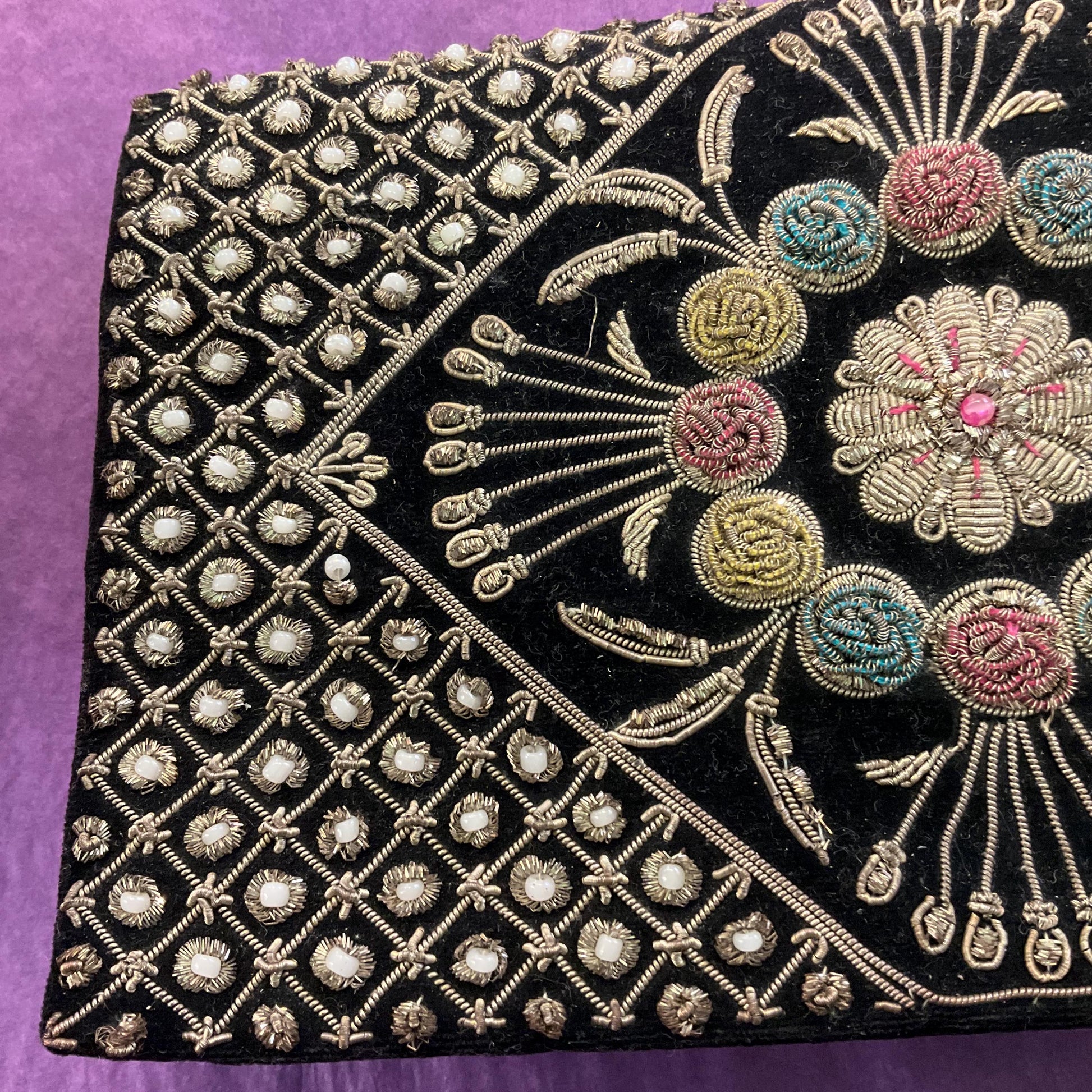 Vintage 1940s Indian Zardosi Embroidered Floral Evening Bag, Black velvet with traditional gold wirework and crystal beads, formal event