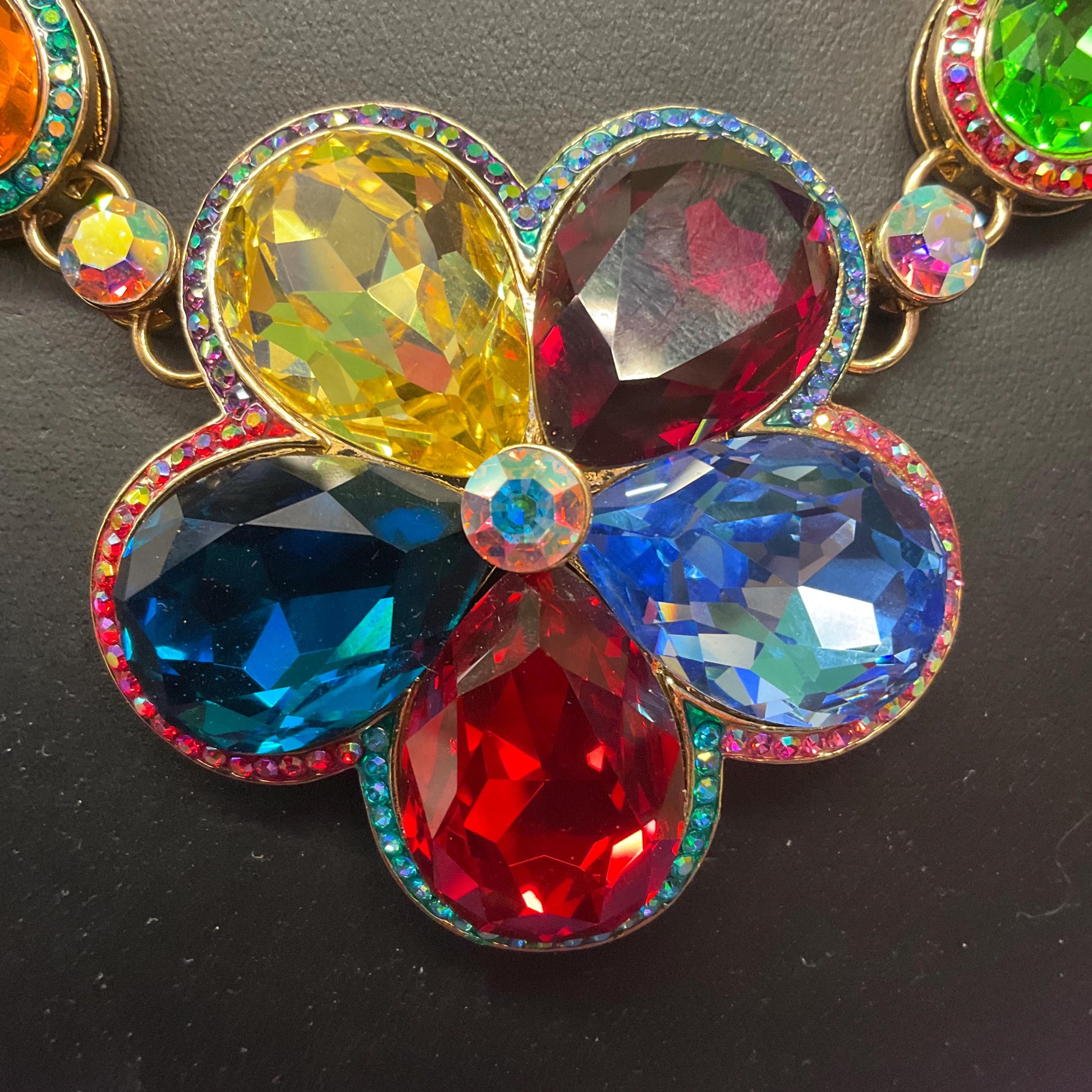 Vintage Butler and Wilson Statement Rainbow Crystal Flower Necklace, Gold Tone with multicoloured crystals & Aurora Borealis Rhinestone