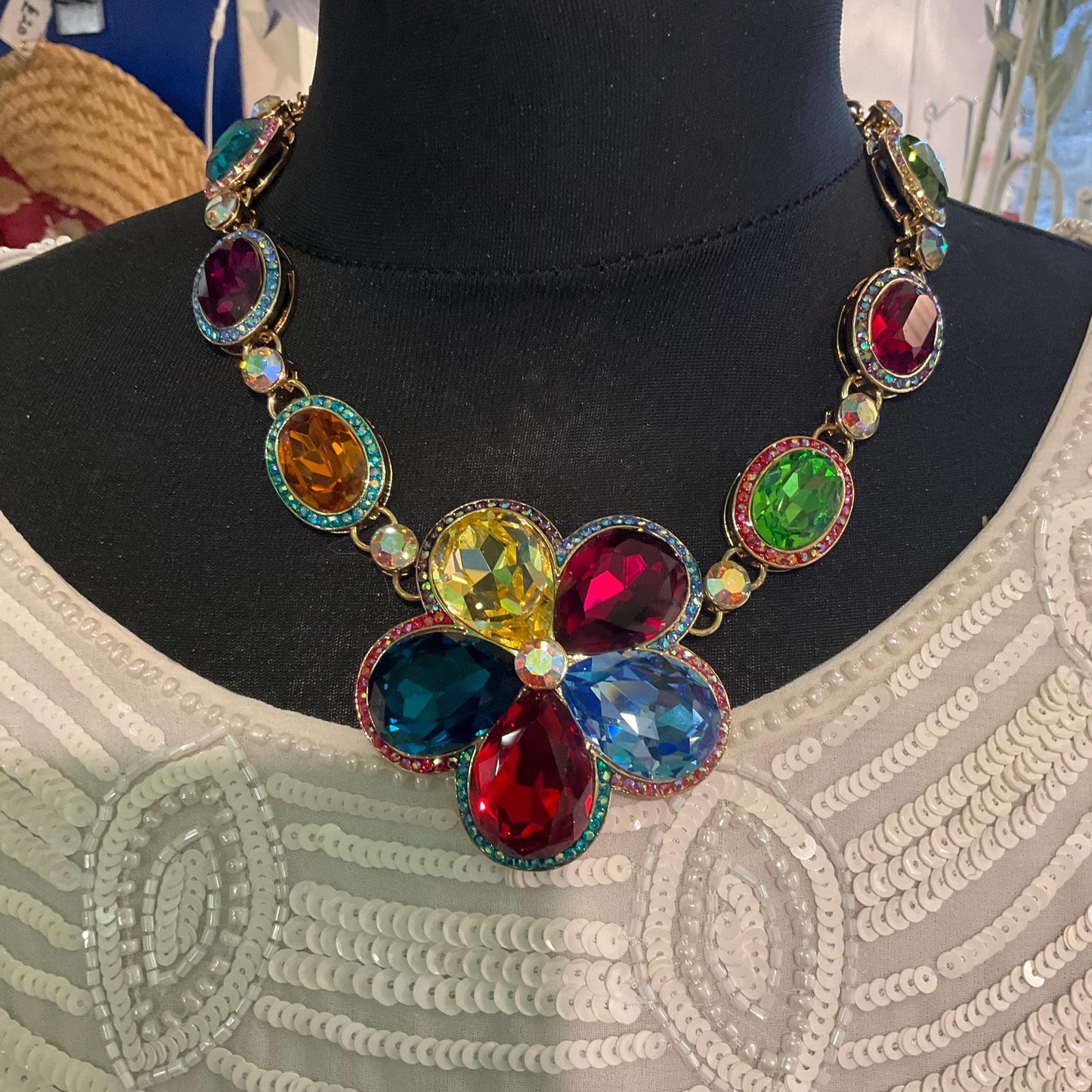 Vintage Butler and Wilson Statement Rainbow Crystal Flower Necklace, Gold Tone with multicoloured crystals & Aurora Borealis Rhinestone