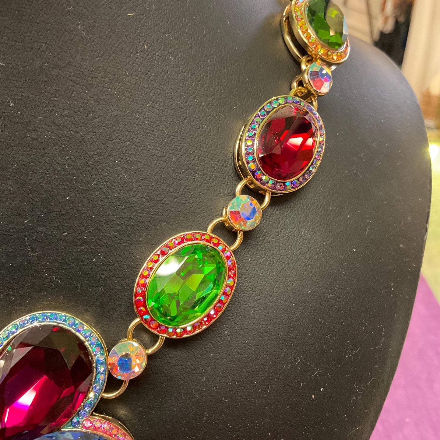 Vintage Butler and Wilson Statement Rainbow Crystal Flower Necklace, Gold Tone with multicoloured crystals & Aurora Borealis Rhinestone