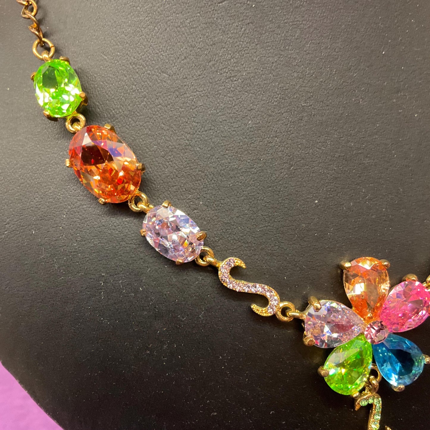 Vintage Butler and Wilson Floral Drop Crystal Necklace, Gold tone with rainbow Crystals & rhinestones, signed in Original Box