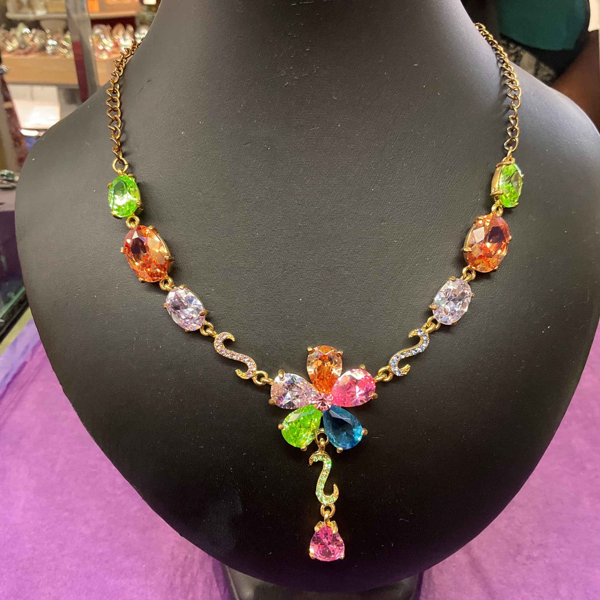 Vintage Butler and Wilson Floral Drop Crystal Necklace, Gold tone with rainbow Crystals & rhinestones, signed in Original Box