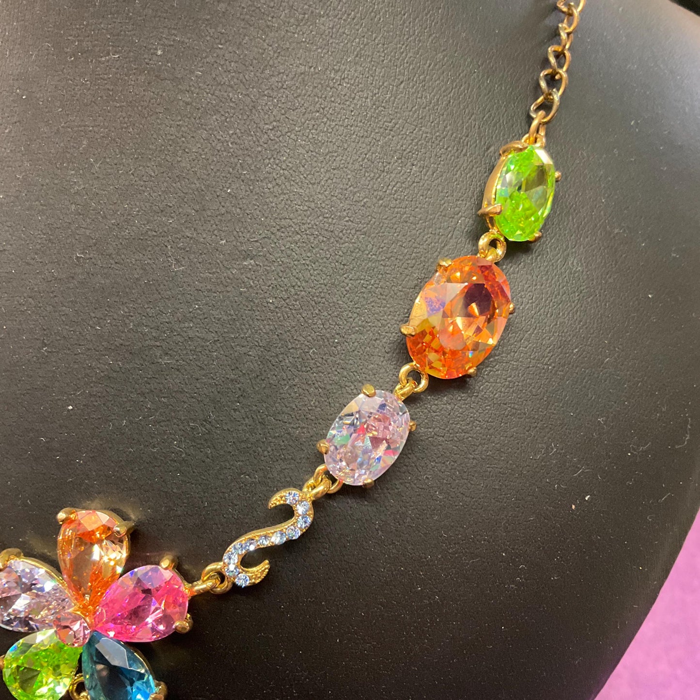 Vintage Butler and Wilson Floral Drop Crystal Necklace, Gold tone with rainbow Crystals & rhinestones, signed in Original Box