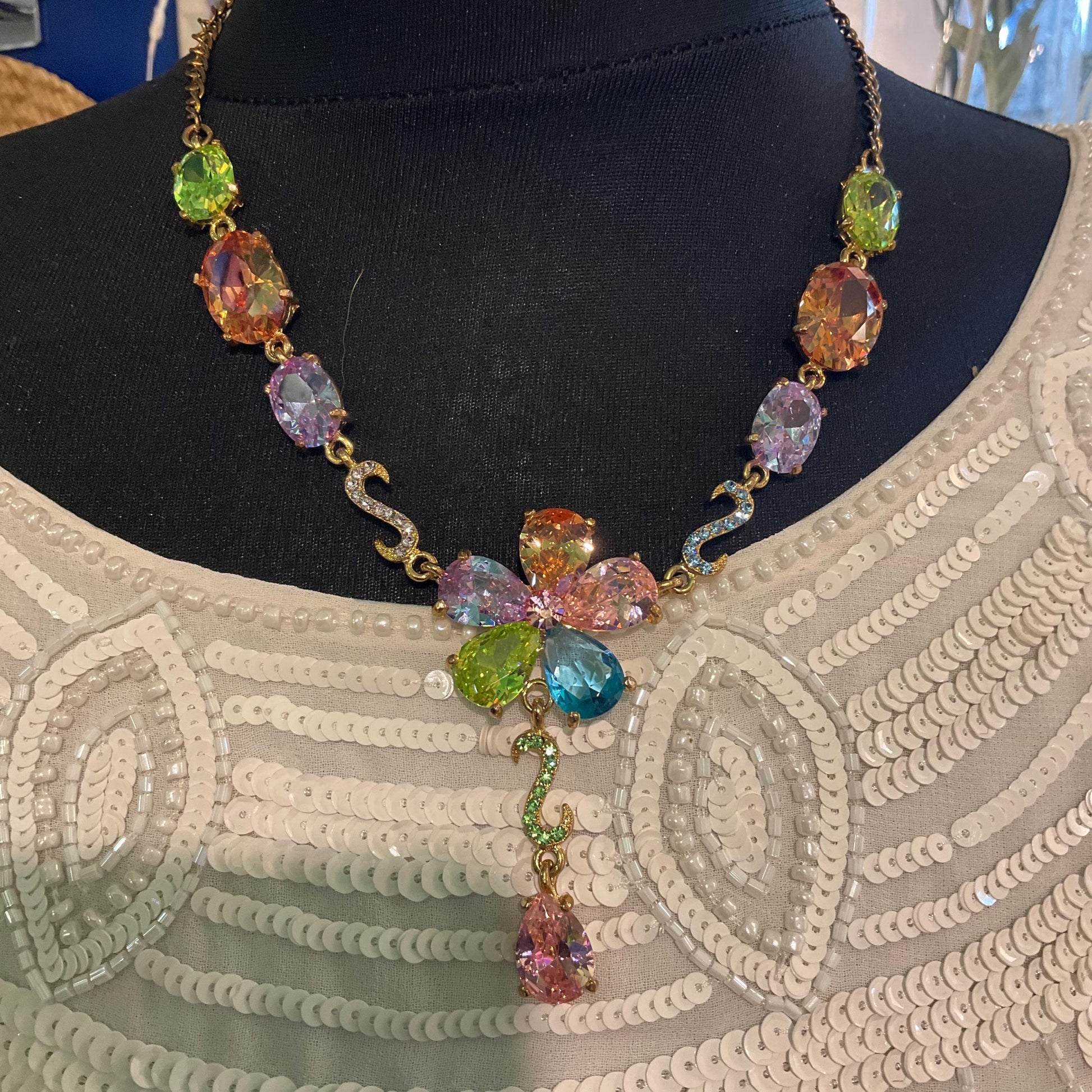 Vintage Butler and Wilson Floral Drop Crystal Necklace, Gold tone with rainbow Crystals & rhinestones, signed in Original Box