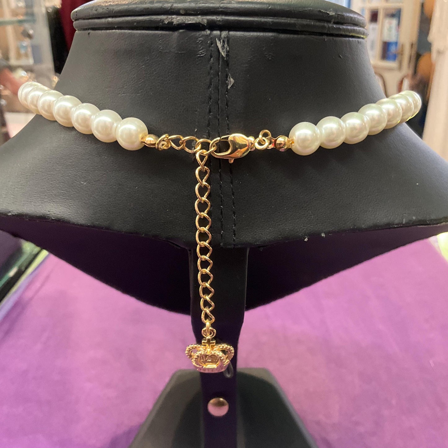 Vintage Butler and Wilson Faux Pearl and Crystal Bow ‘Y’ Drop Necklace, Gold tone with white pearls & Aurora Borealis Rhinestones