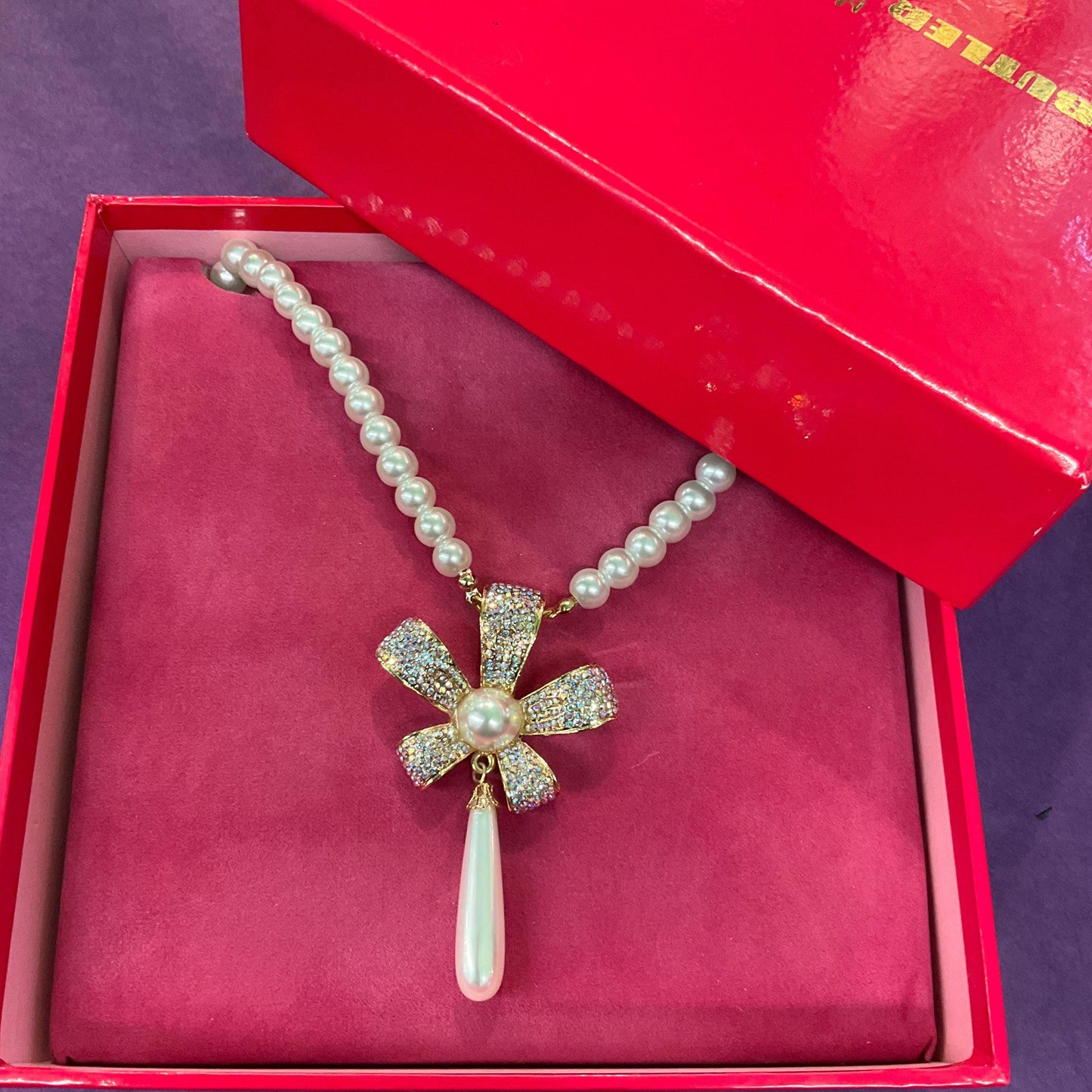 Vintage Butler and Wilson Faux Pearl and Crystal Bow ‘Y’ Drop Necklace, Gold tone with white pearls & Aurora Borealis Rhinestones