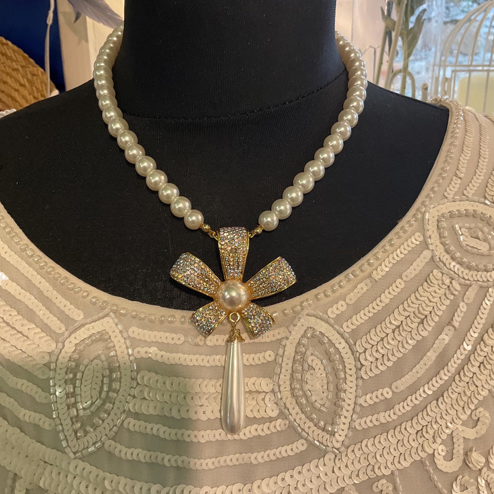 Vintage Butler and Wilson Faux Pearl and Crystal Bow ‘Y’ Drop Necklace, Gold tone with white pearls & Aurora Borealis Rhinestones