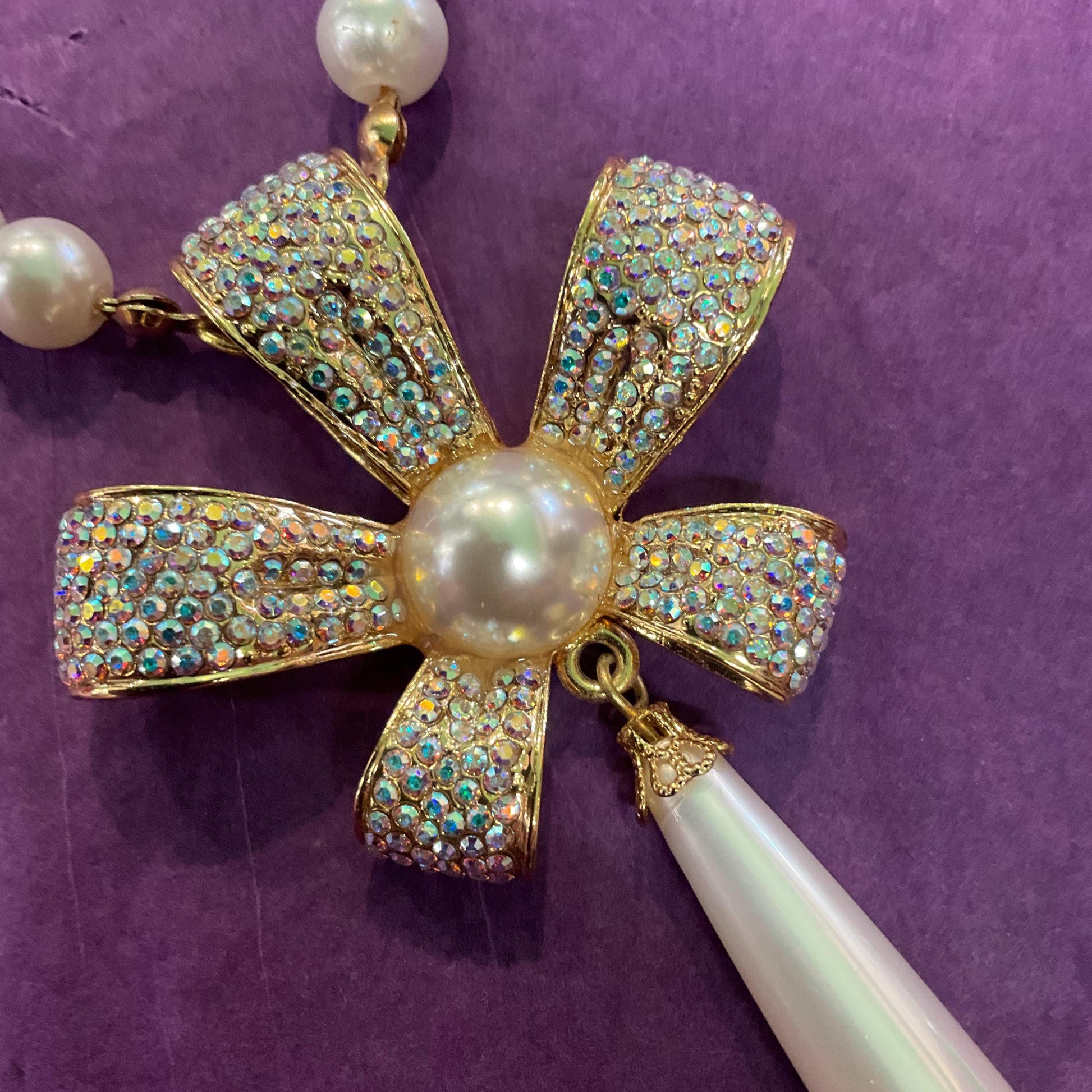 Vintage Butler and Wilson Faux Pearl and Crystal Bow ‘Y’ Drop Necklace, Gold tone with white pearls & Aurora Borealis Rhinestones