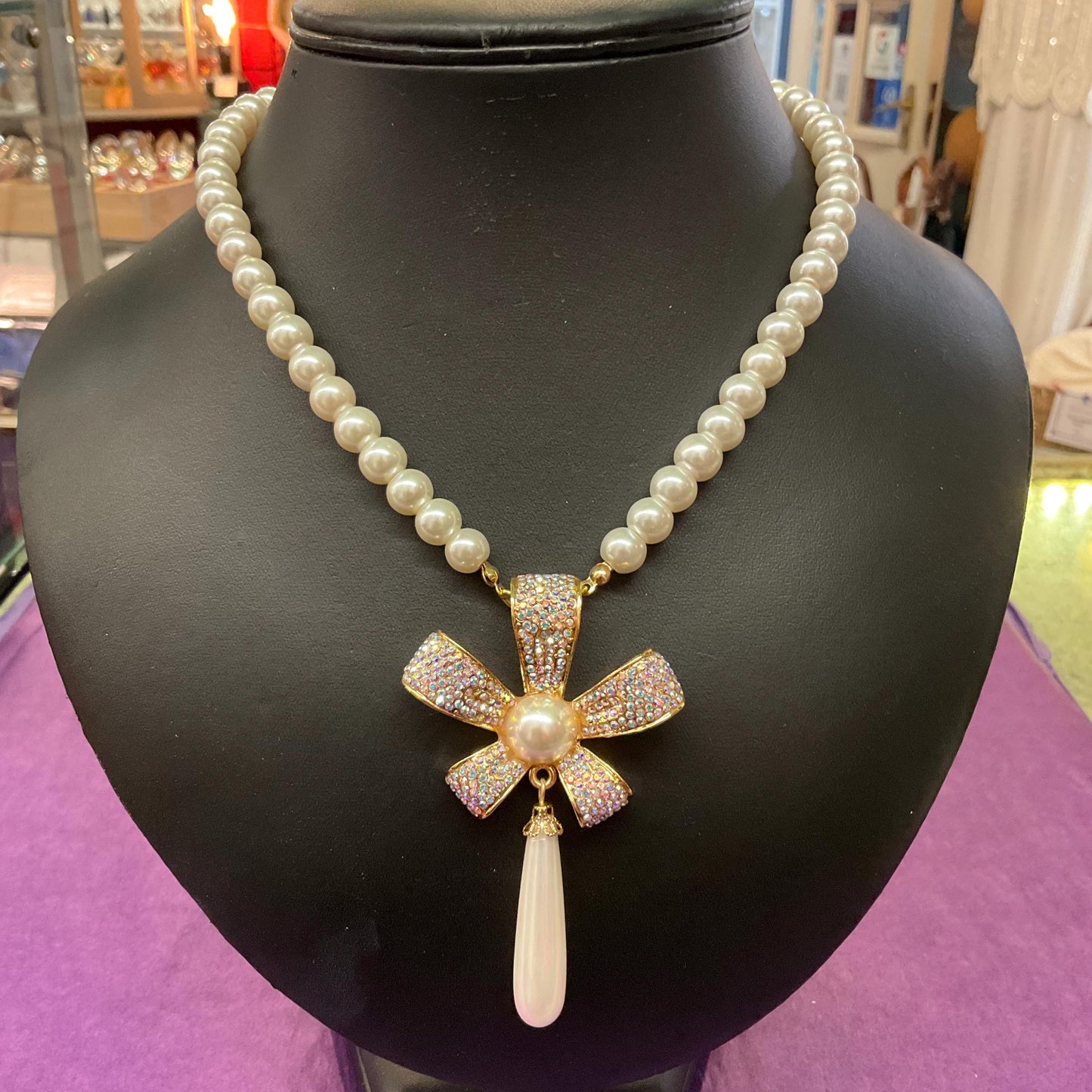 Vintage Butler and Wilson Faux Pearl and Crystal Bow ‘Y’ Drop Necklace, Gold tone with white pearls & Aurora Borealis Rhinestones