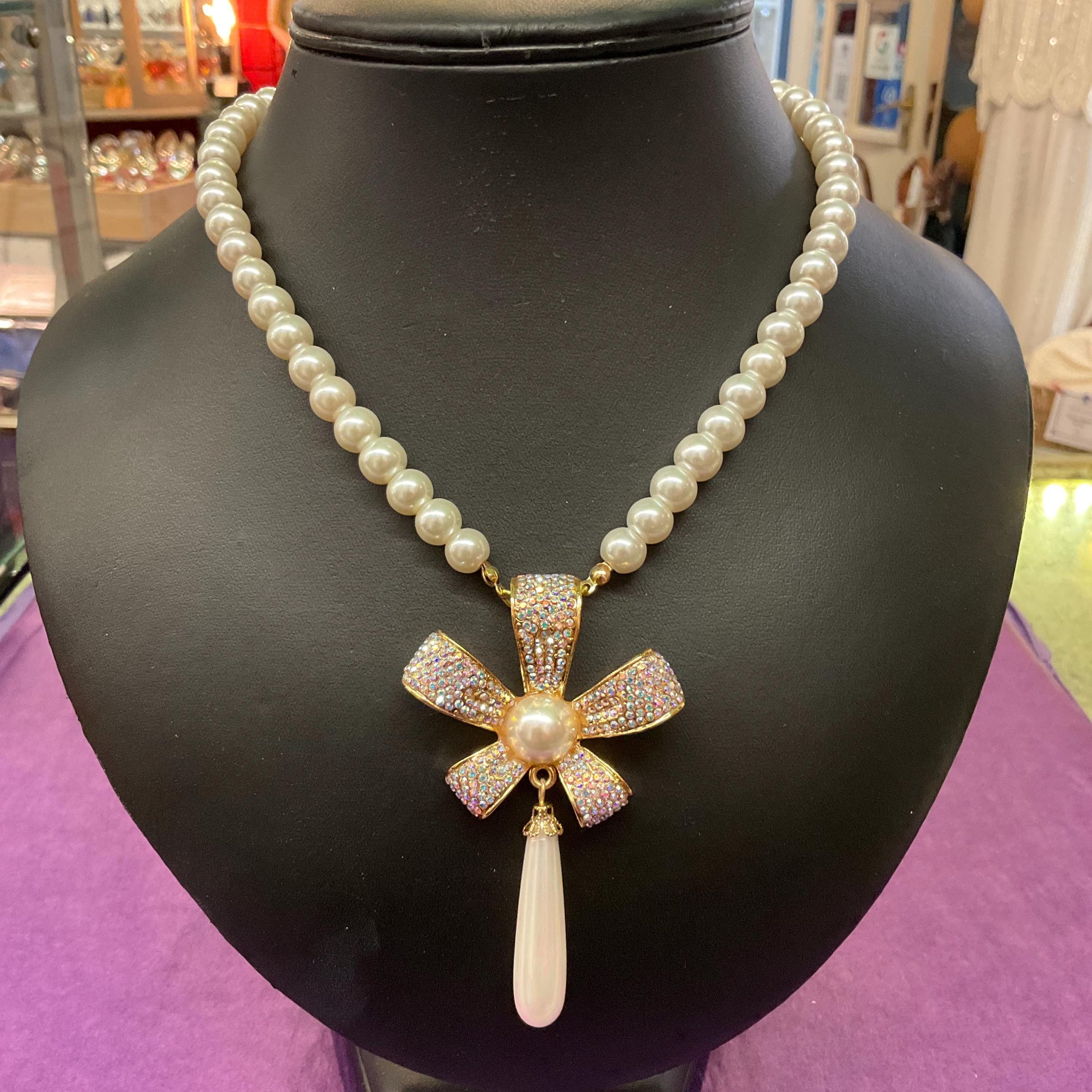 Vintage Butler and Wilson Faux Pearl and Crystal Bow ‘Y’ Drop Necklace, Gold tone with white pearls & Aurora Borealis Rhinestones