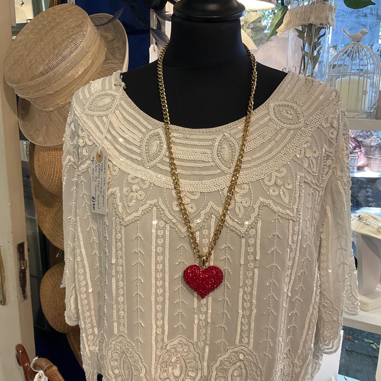 Vintage Butler and Wilson Red Heart Long Crystal Pendant, Gold tone with rhinestone crystals and curb chain, Signed in Original Box