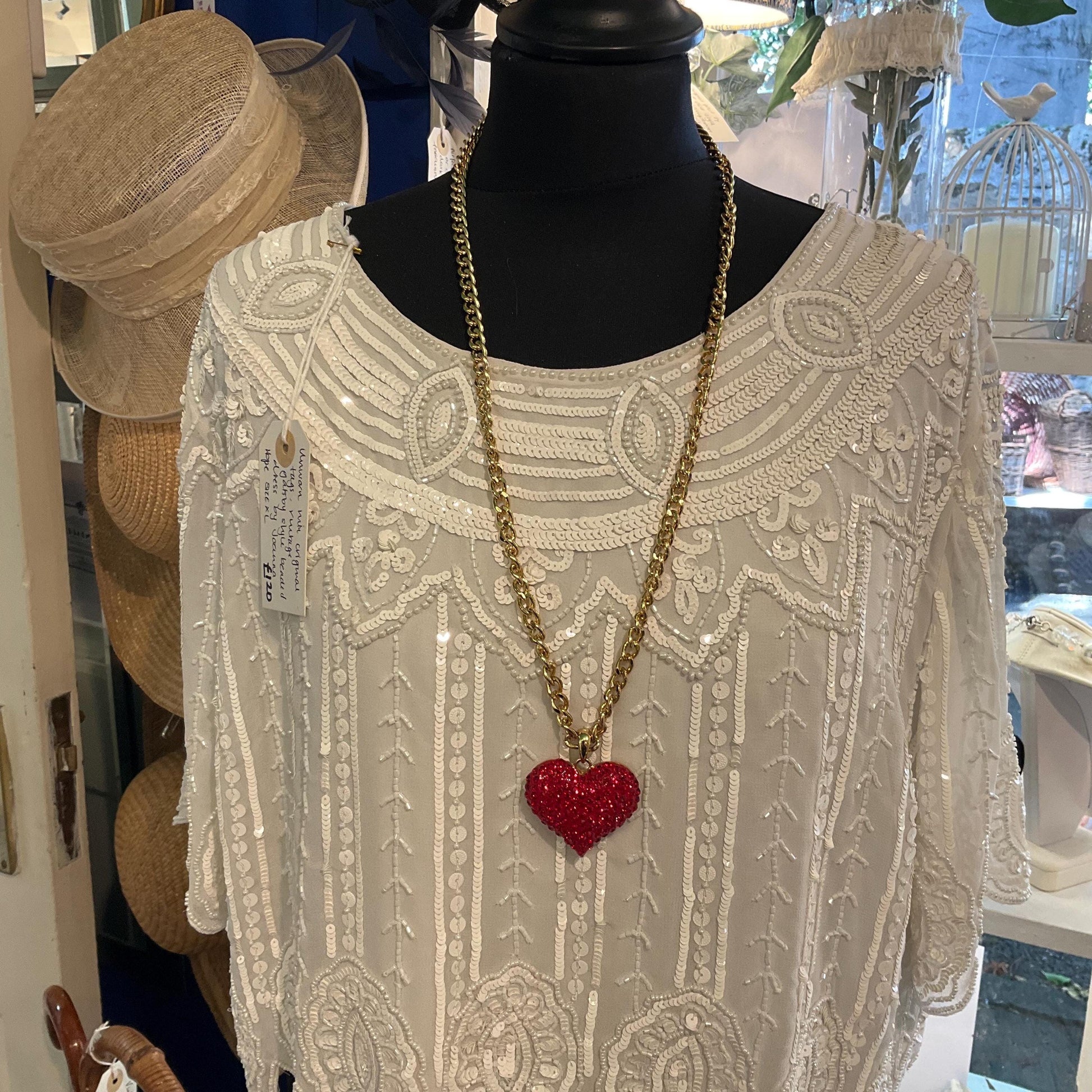 Vintage Butler and Wilson Red Heart Long Crystal Pendant, Gold tone with rhinestone crystals and curb chain, Signed in Original Box