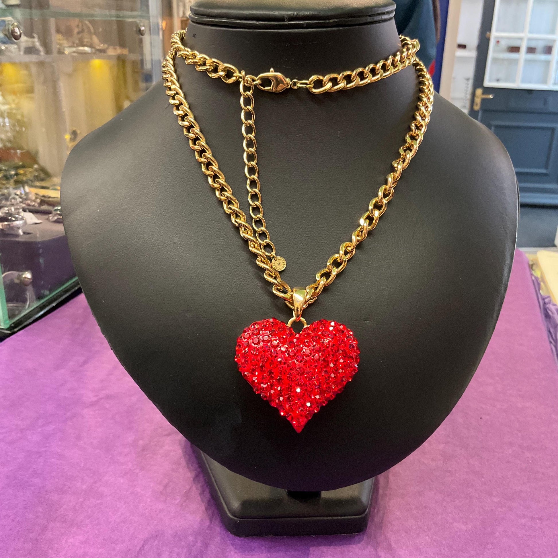 Vintage Butler and Wilson Red Heart Long Crystal Pendant, Gold tone with rhinestone crystals and curb chain, Signed in Original Box