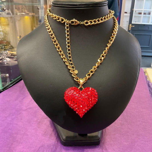 Vintage Butler and Wilson Red Heart Long Crystal Pendant, Gold tone with rhinestone crystals and curb chain, Signed in Original Box