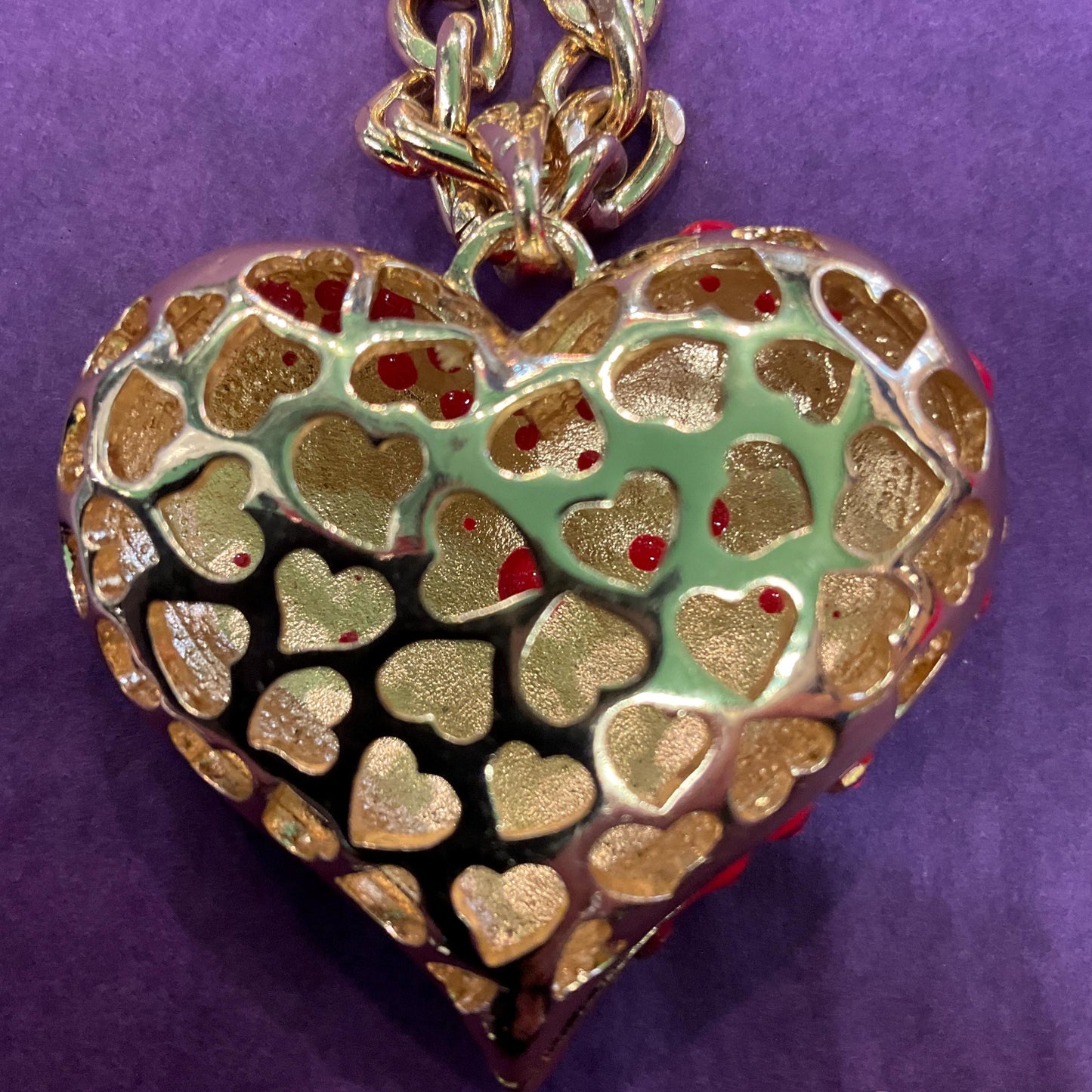 Vintage Butler and Wilson Red Heart Long Crystal Pendant, Gold tone with rhinestone crystals and curb chain, Signed in Original Box