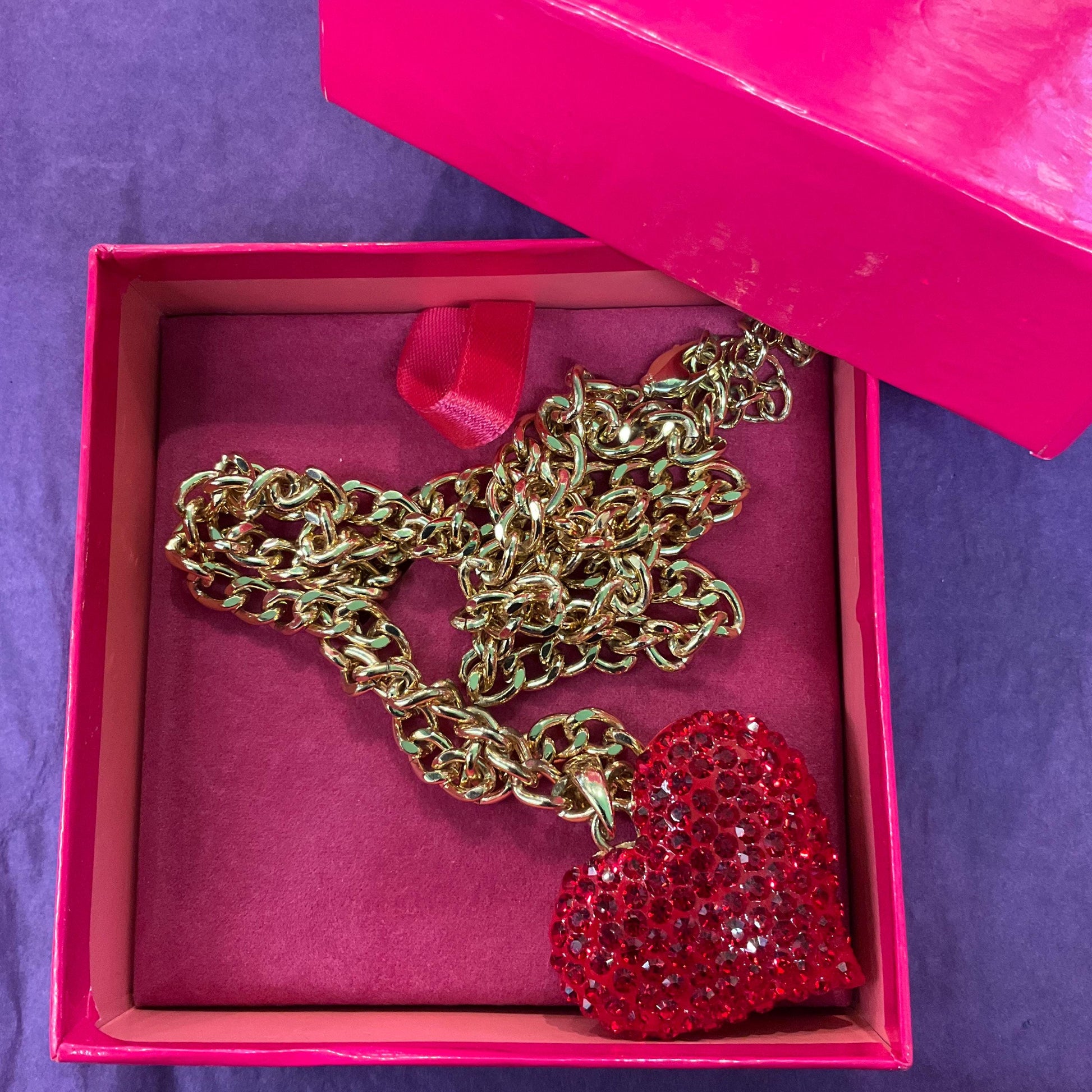 Vintage Butler and Wilson Red Heart Long Crystal Pendant, Gold tone with rhinestone crystals and curb chain, Signed in Original Box
