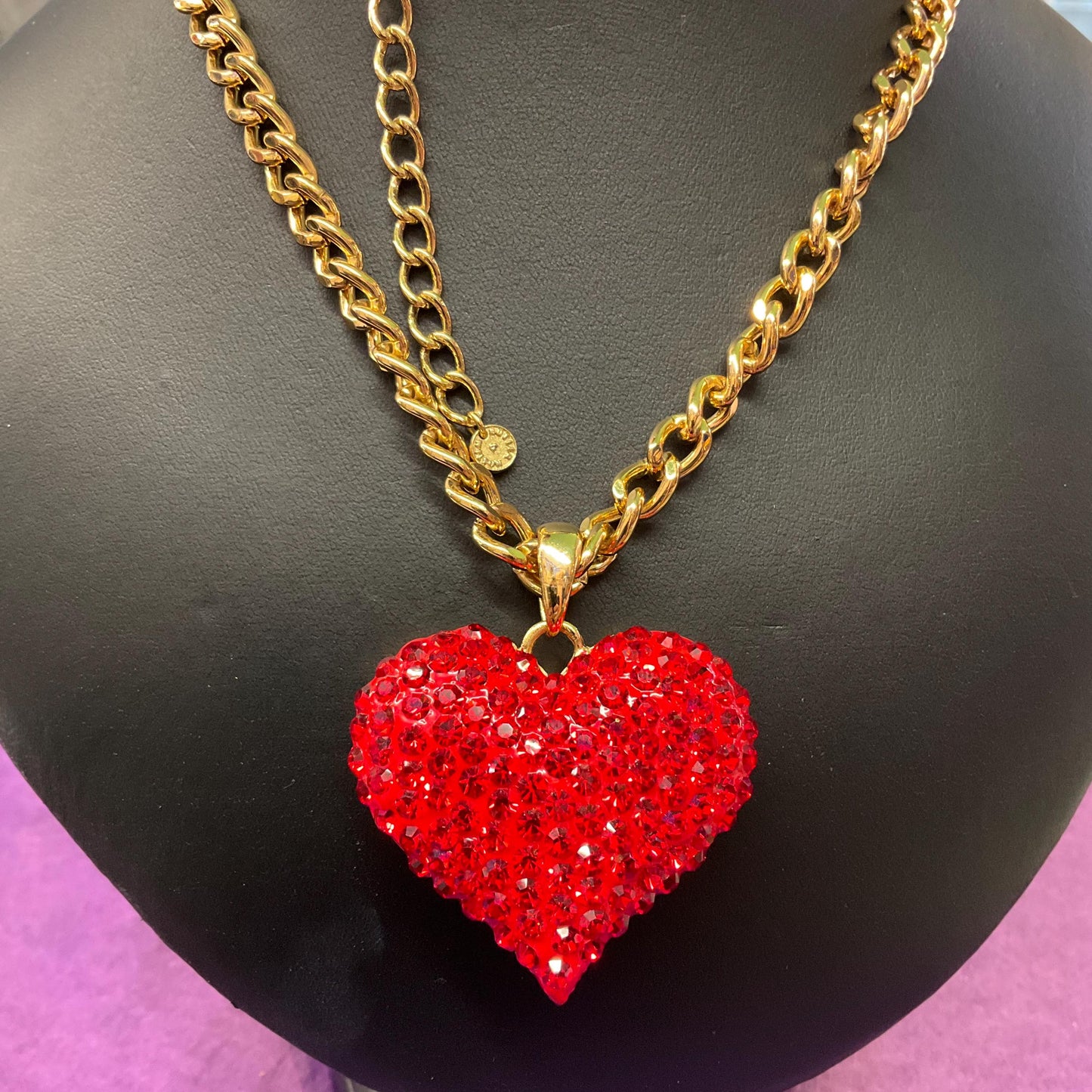 Vintage Butler and Wilson Red Heart Long Crystal Pendant, Gold tone with rhinestone crystals and curb chain, Signed in Original Box