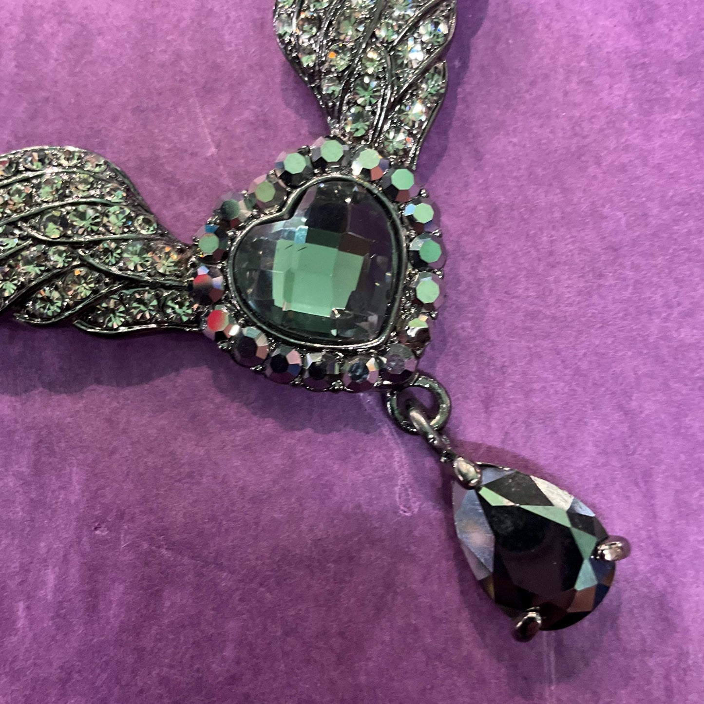 Vintage Butler and Wilson Graphire Crystal Angel Wing & Heart Pendant, Dark Pewter tone with Pewter and Black Crystals, Signed