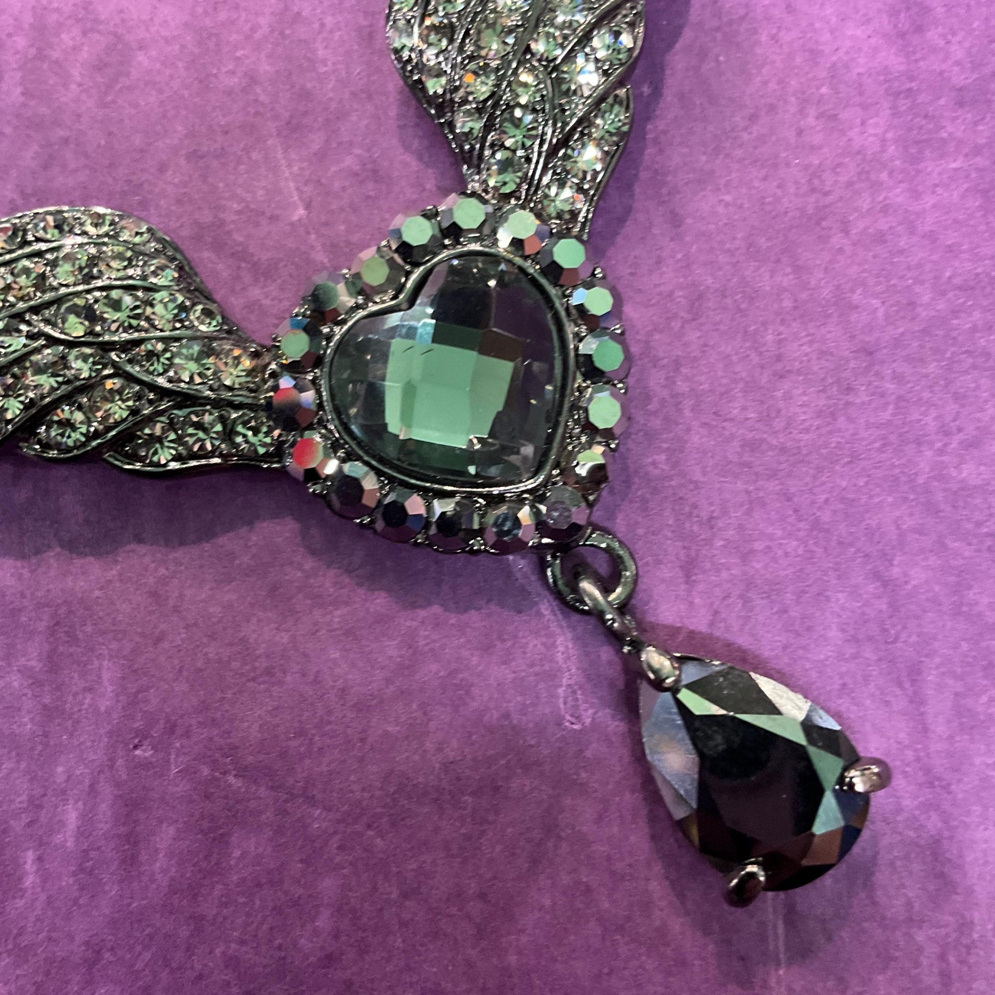 Vintage Butler and Wilson Graphire Crystal Angel Wing & Heart Pendant, Dark Pewter tone with Pewter and Black Crystals, Signed