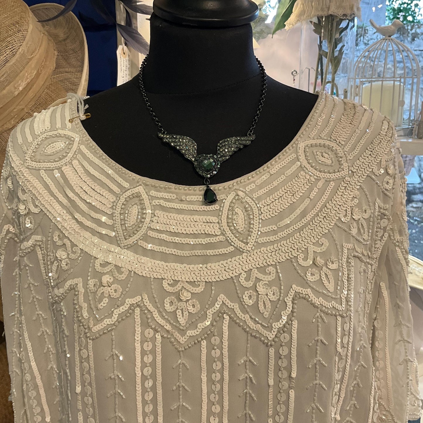 Vintage Butler and Wilson Graphire Crystal Angel Wing & Heart Pendant, Dark Pewter tone with Pewter and Black Crystals, Signed