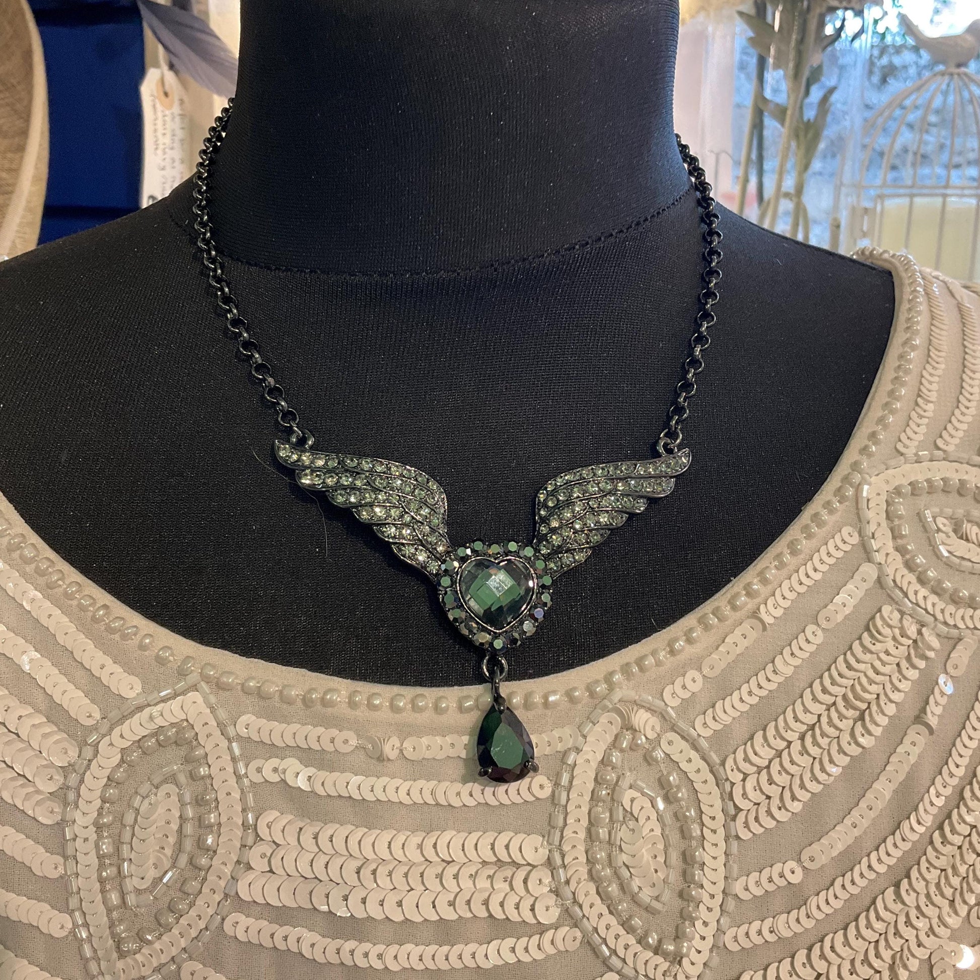 Vintage Butler and Wilson Graphire Crystal Angel Wing & Heart Pendant, Dark Pewter tone with Pewter and Black Crystals, Signed