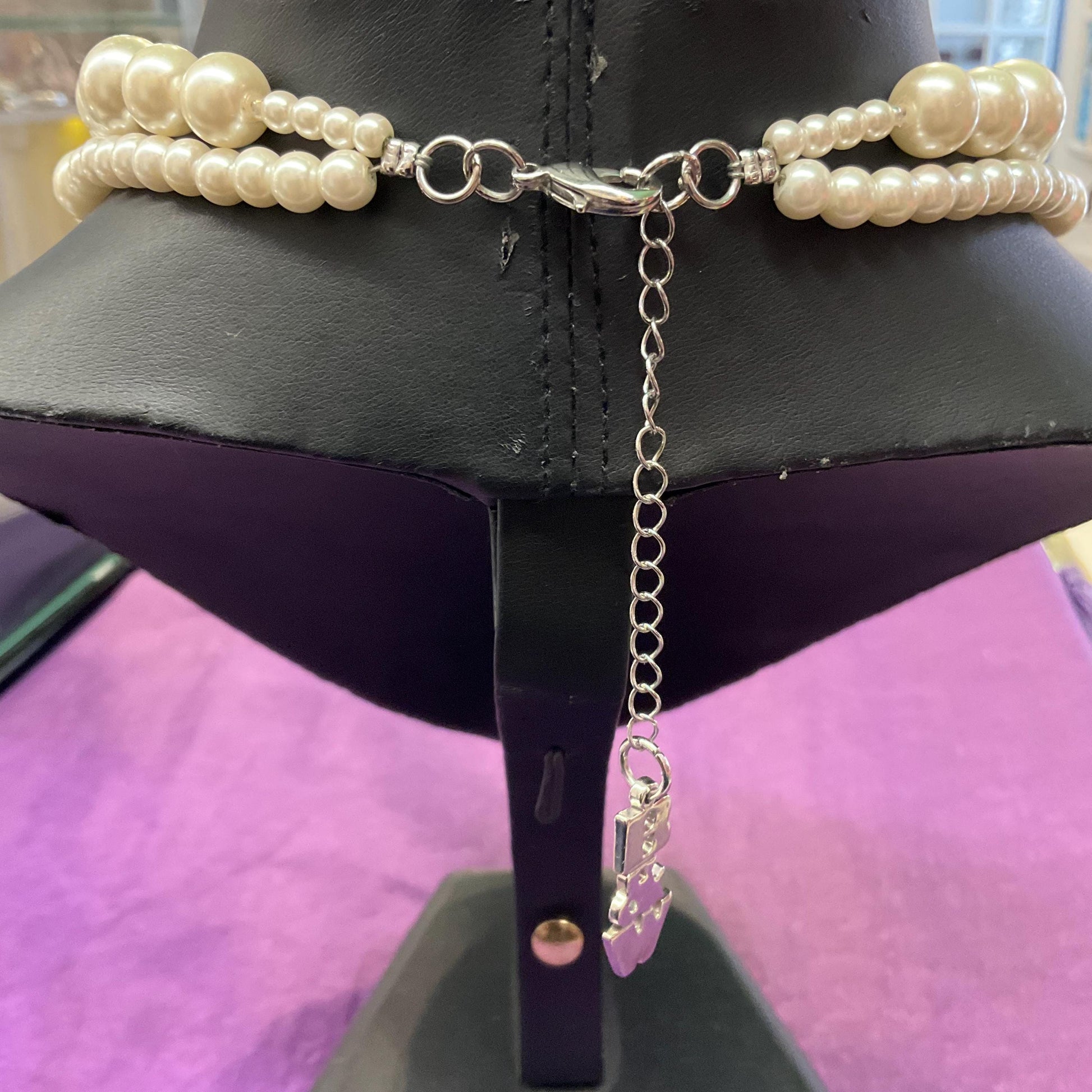 Vintage Butler and Wilson Faux Pearl & Rainbow Crystal Twin Row Necklace ,Graduated Ivory faux Pearls and Aurora Borealis Crystals