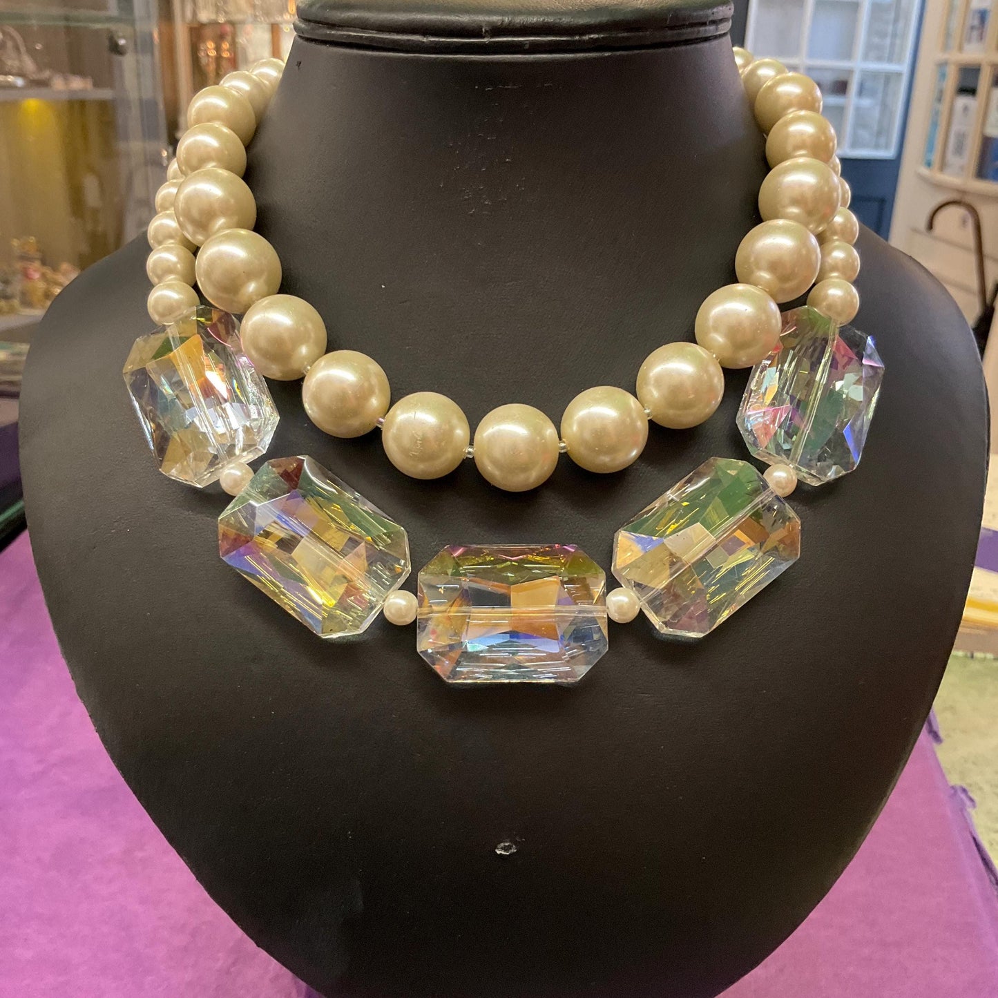 Vintage Butler and Wilson Faux Pearl & Rainbow Crystal Twin Row Necklace ,Graduated Ivory faux Pearls and Aurora Borealis Crystals