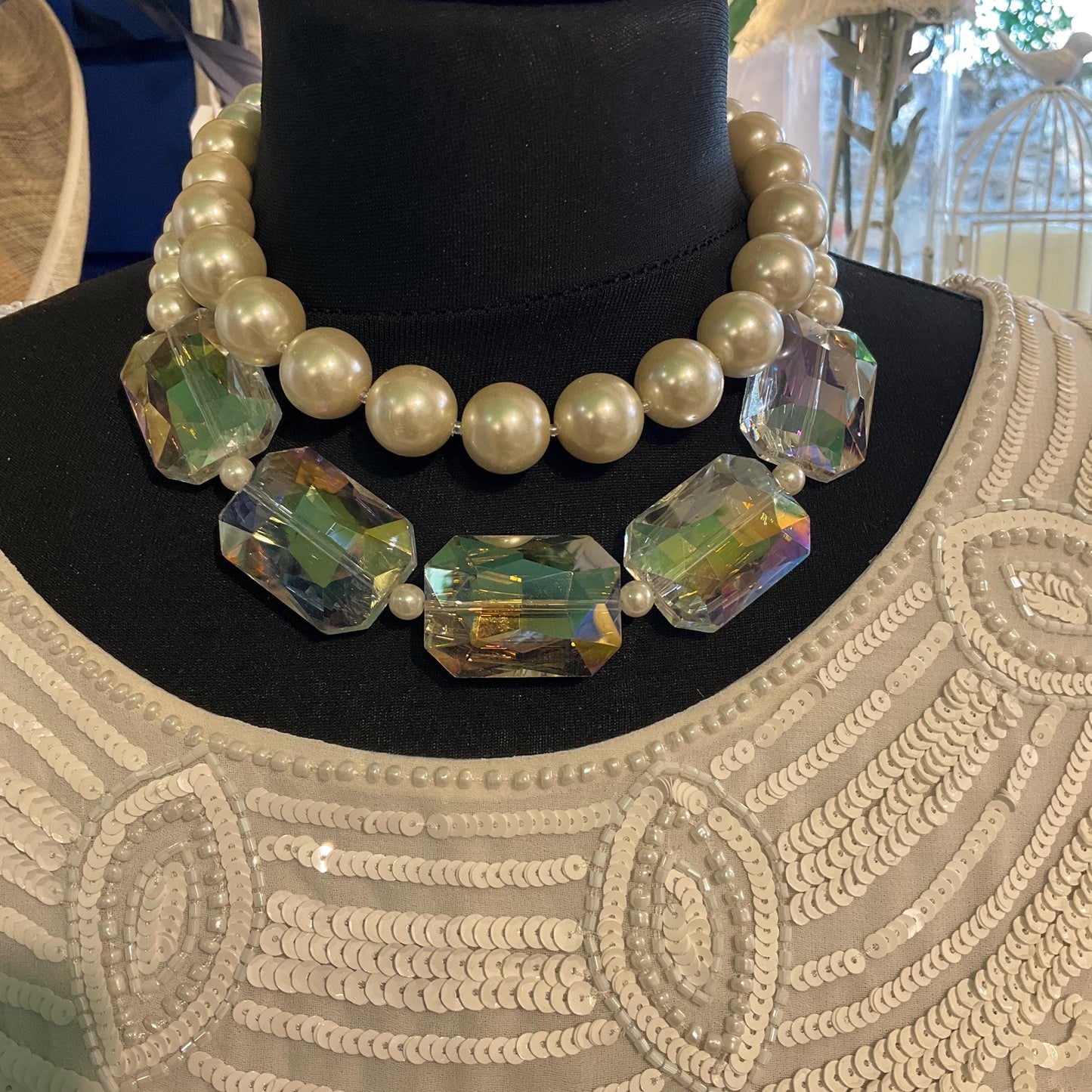 Vintage Butler and Wilson Faux Pearl & Rainbow Crystal Twin Row Necklace ,Graduated Ivory faux Pearls and Aurora Borealis Crystals