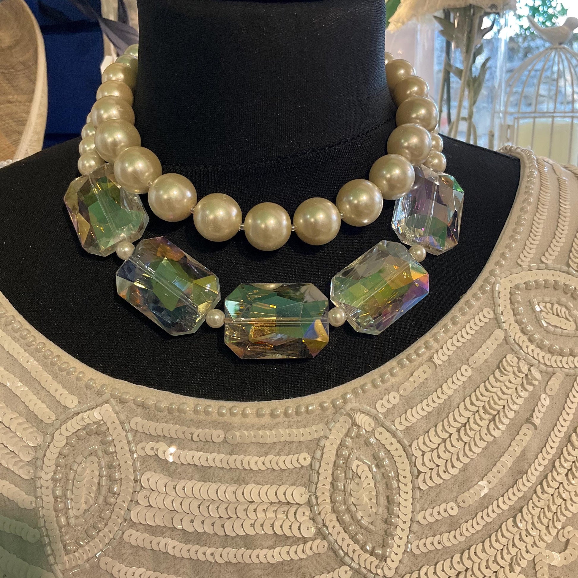 Vintage Butler and Wilson Faux Pearl & Rainbow Crystal Twin Row Necklace ,Graduated Ivory faux Pearls and Aurora Borealis Crystals