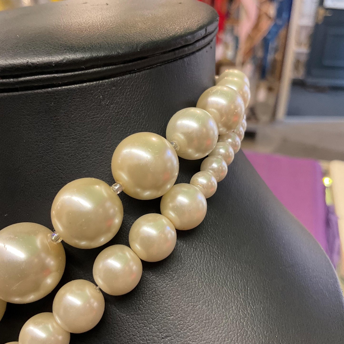 Vintage Butler and Wilson Faux Pearl & Rainbow Crystal Twin Row Necklace ,Graduated Ivory faux Pearls and Aurora Borealis Crystals