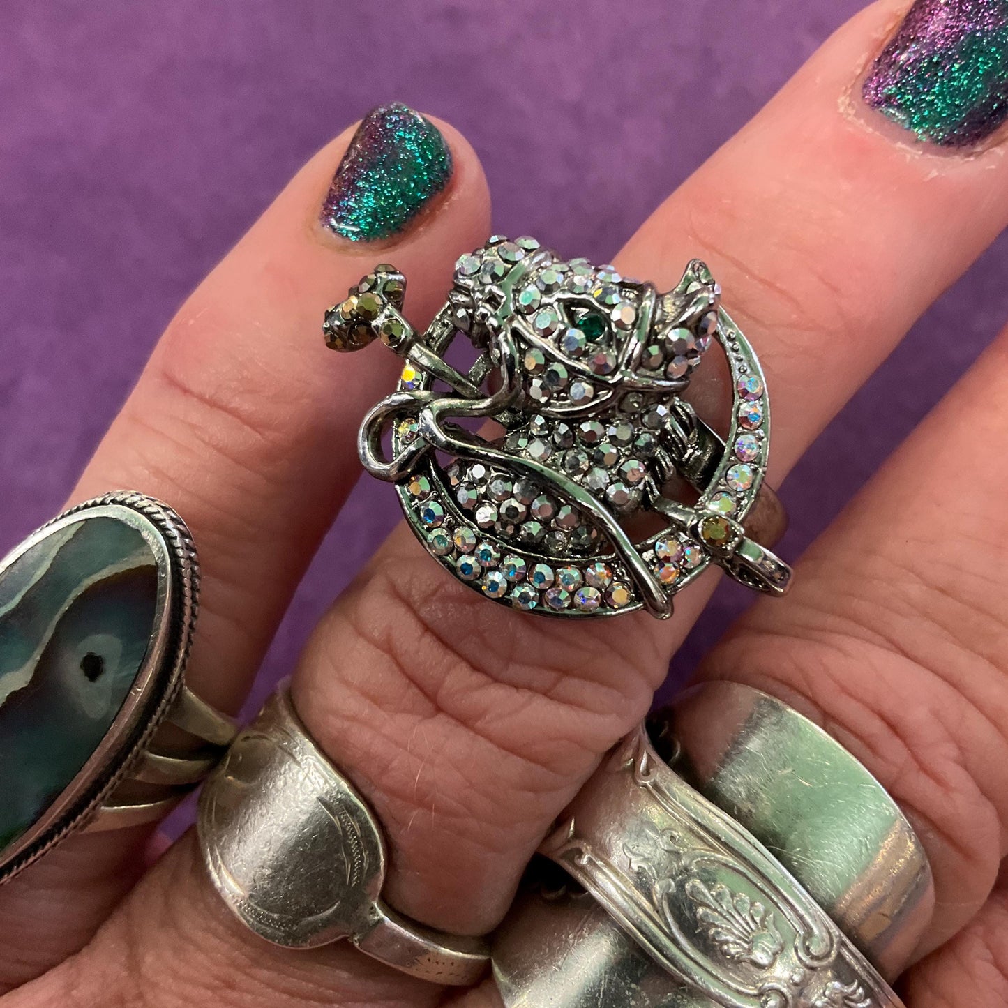 Vintage Butler and Wilson Silver Crystal Horse Adjustable Ring, Silver tone with silver & Borealis rhinestones, Equestrian, Horse lover gift