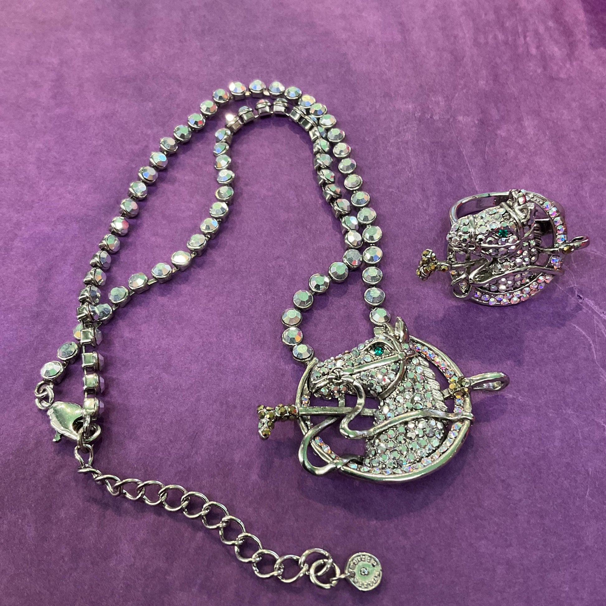 Vintage Butler and Wilson Silver Crystal Horse Adjustable Ring, Silver tone with silver & Borealis rhinestones, Equestrian, Horse lover gift