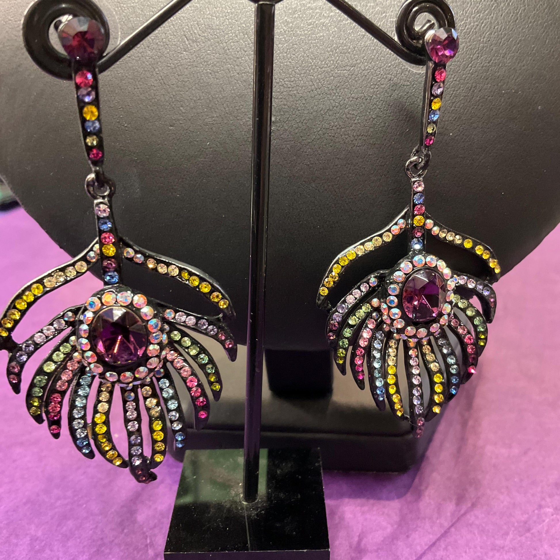 Vintage Butler and Wilson Bohemian Crystal Peacock Feather Statement Drop Earings, Pewter tone with multicoloured Rhinestones, Signed