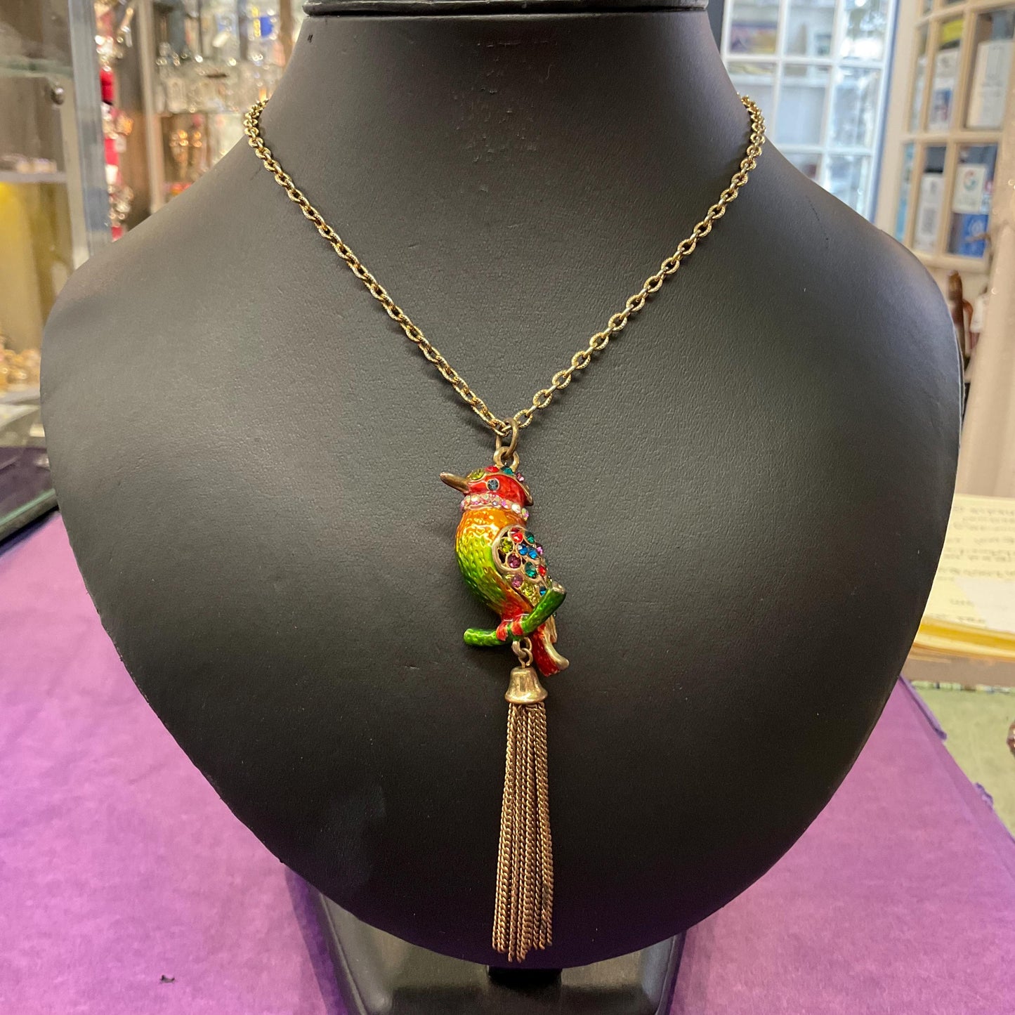 Vintage Butler and Wilson Bohemian Rainbow Crystal Kingfisher Tassled Pendant, Gols tone with Lustre Enamel & Multicoloured Rhinestones