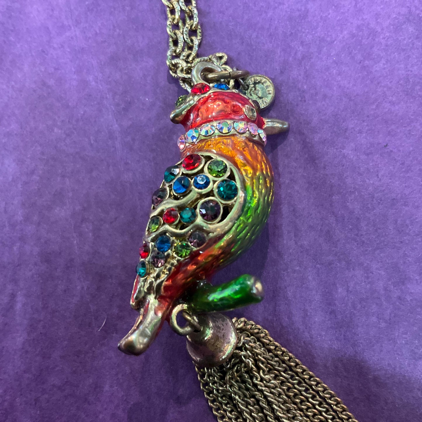 Vintage Butler and Wilson Bohemian Rainbow Crystal Kingfisher Tassled Pendant, Gols tone with Lustre Enamel & Multicoloured Rhinestones