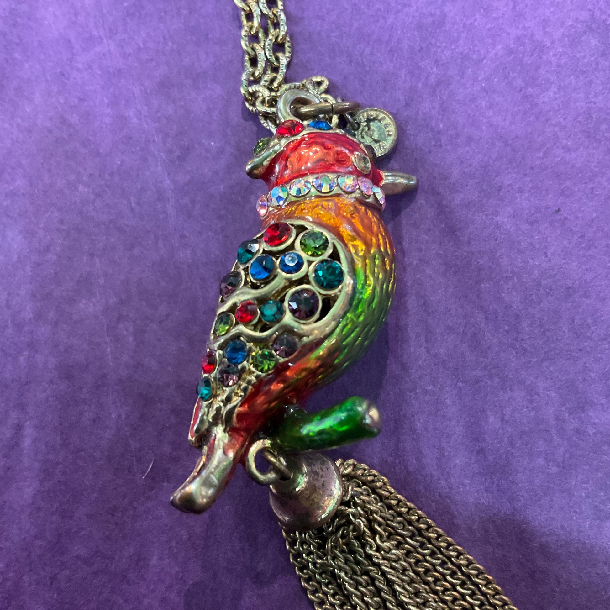 Vintage Butler and Wilson Bohemian Rainbow Crystal Kingfisher Tassled Pendant, Gols tone with Lustre Enamel & Multicoloured Rhinestones