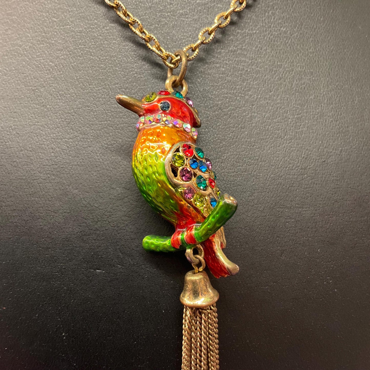 Vintage Butler and Wilson Bohemian Rainbow Crystal Kingfisher Tassled Pendant, Gols tone with Lustre Enamel & Multicoloured Rhinestones