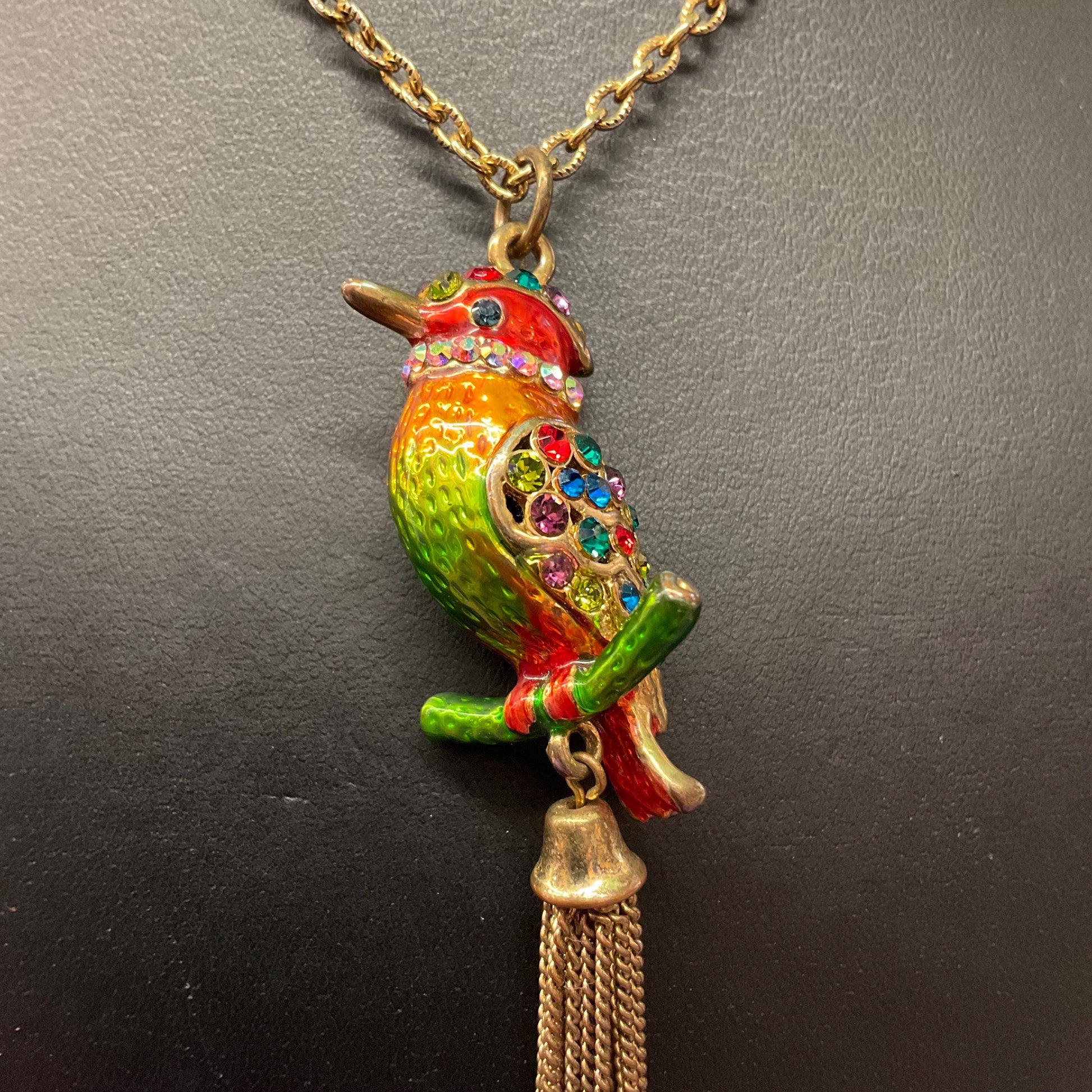 Vintage Butler and Wilson Bohemian Rainbow Crystal Kingfisher Tassled Pendant, Gols tone with Lustre Enamel & Multicoloured Rhinestones