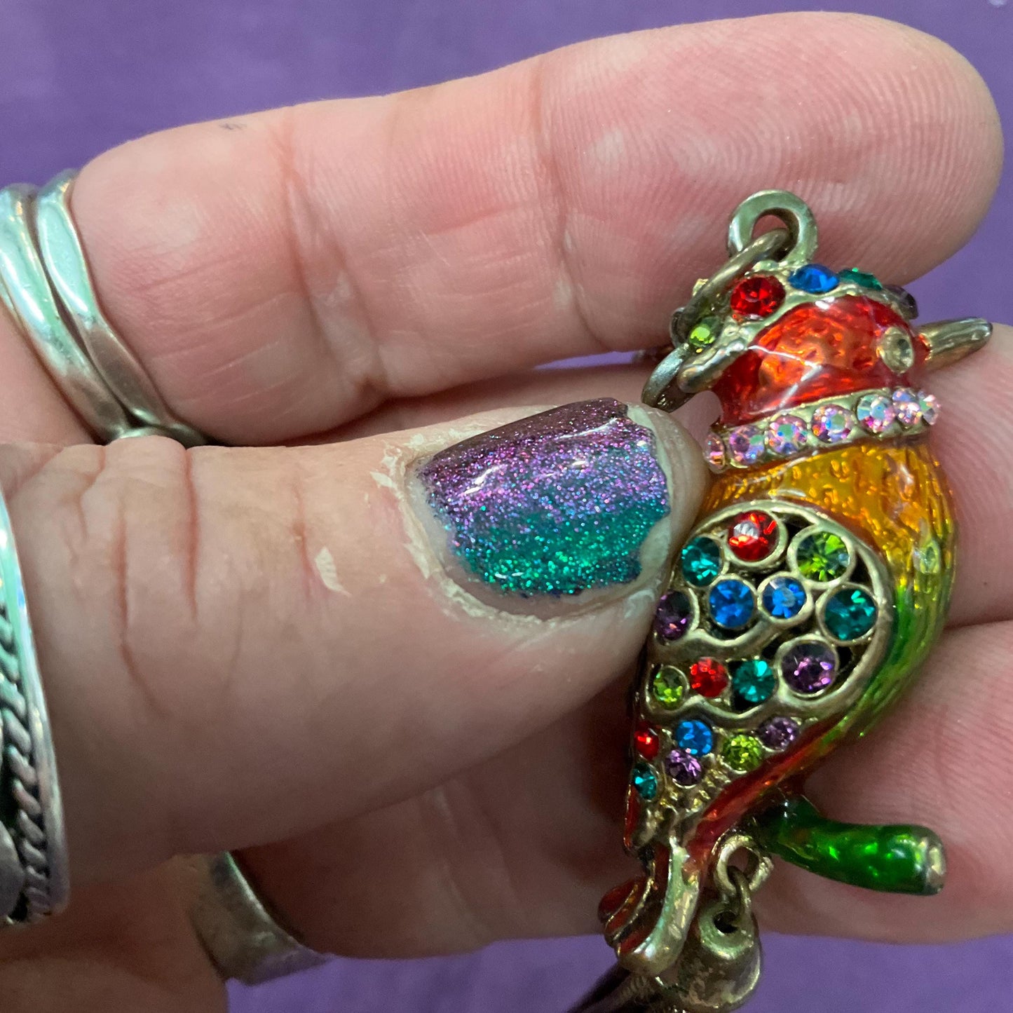 Vintage Butler and Wilson Bohemian Rainbow Crystal Kingfisher Tassled Pendant, Gols tone with Lustre Enamel & Multicoloured Rhinestones