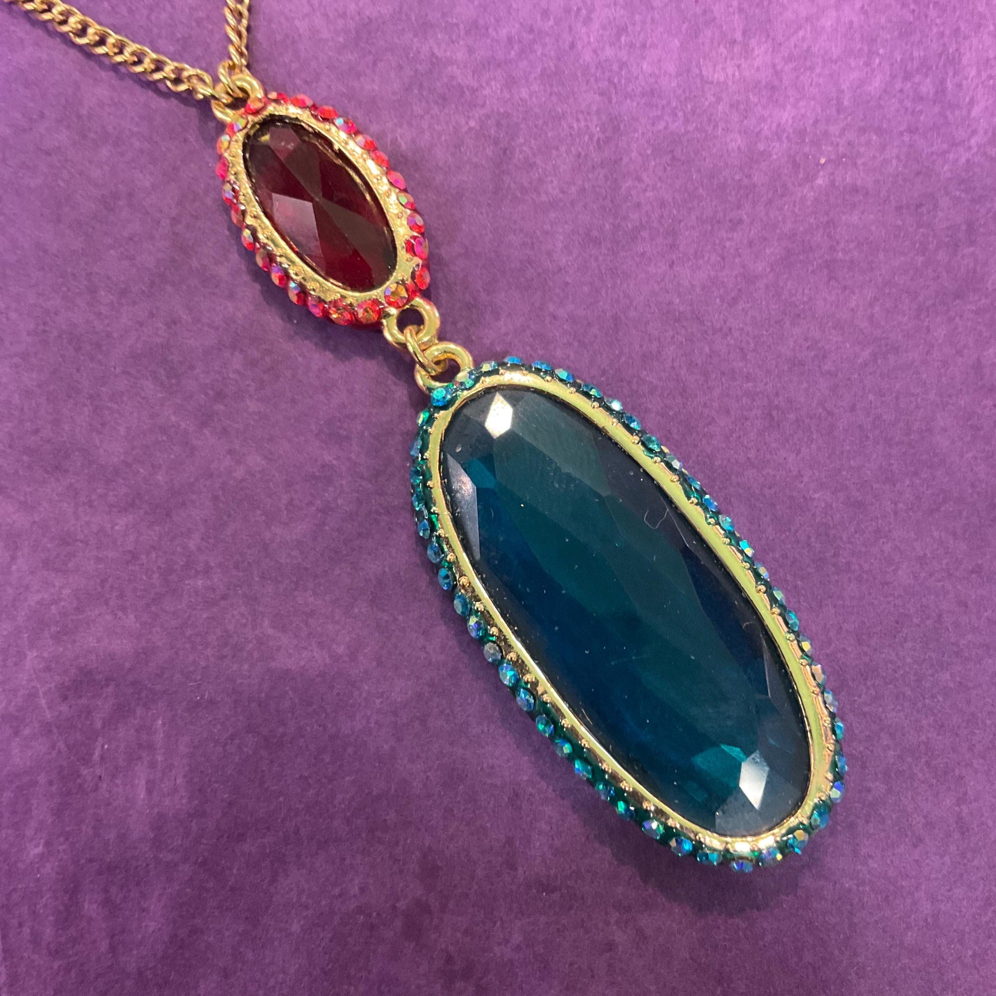 Vintage Butler and Wilson Rainbow Crystal ‘Y’ Drop Neccklace , Gold tone with Teal and Red Borealis faceted crystals and rhinestones