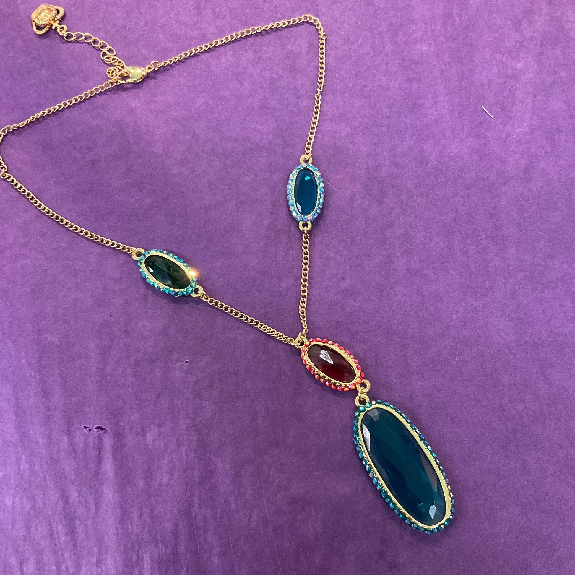 Vintage Butler and Wilson Rainbow Crystal ‘Y’ Drop Neccklace , Gold tone with Teal and Red Borealis faceted crystals and rhinestones