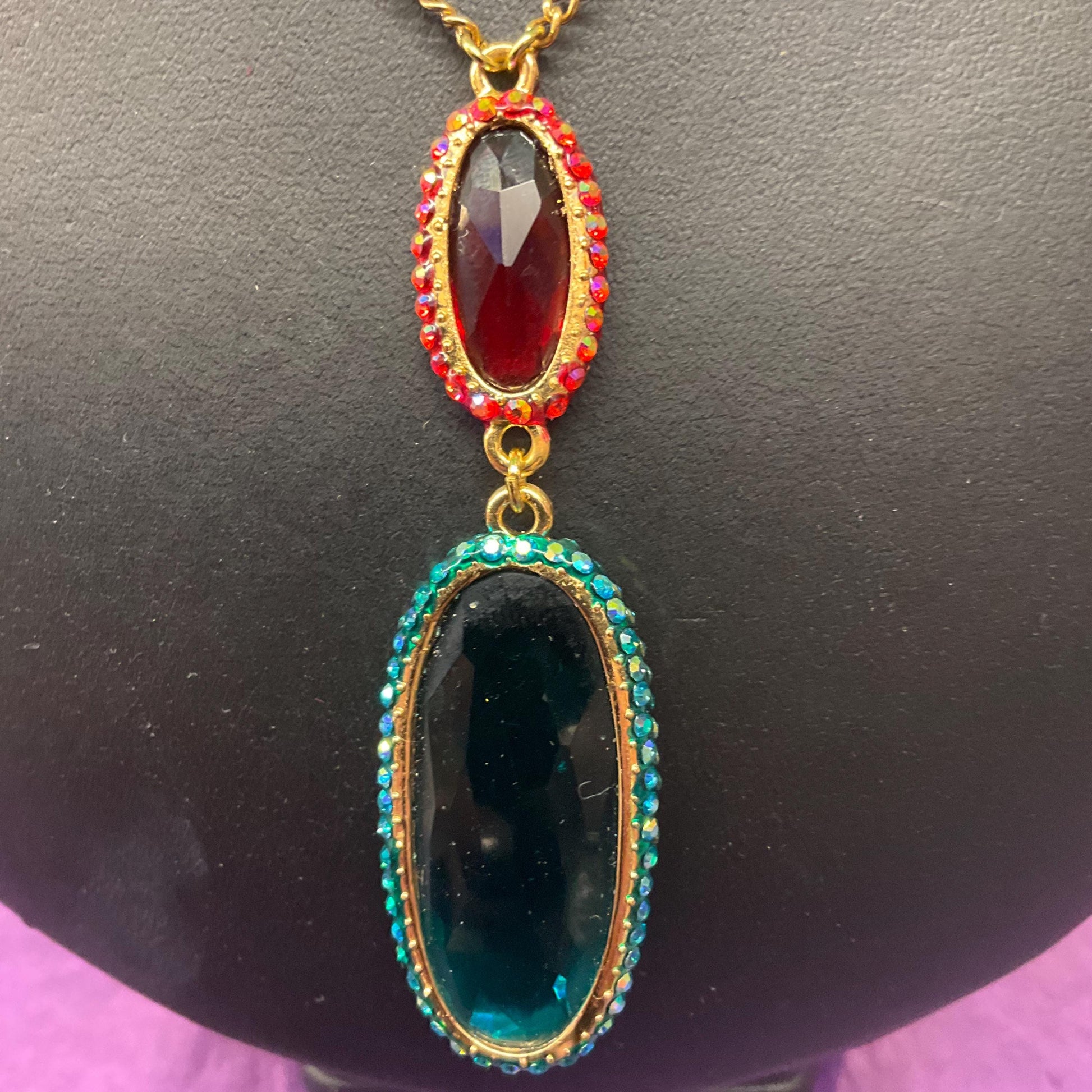 Vintage Butler and Wilson Rainbow Crystal ‘Y’ Drop Neccklace , Gold tone with Teal and Red Borealis faceted crystals and rhinestones