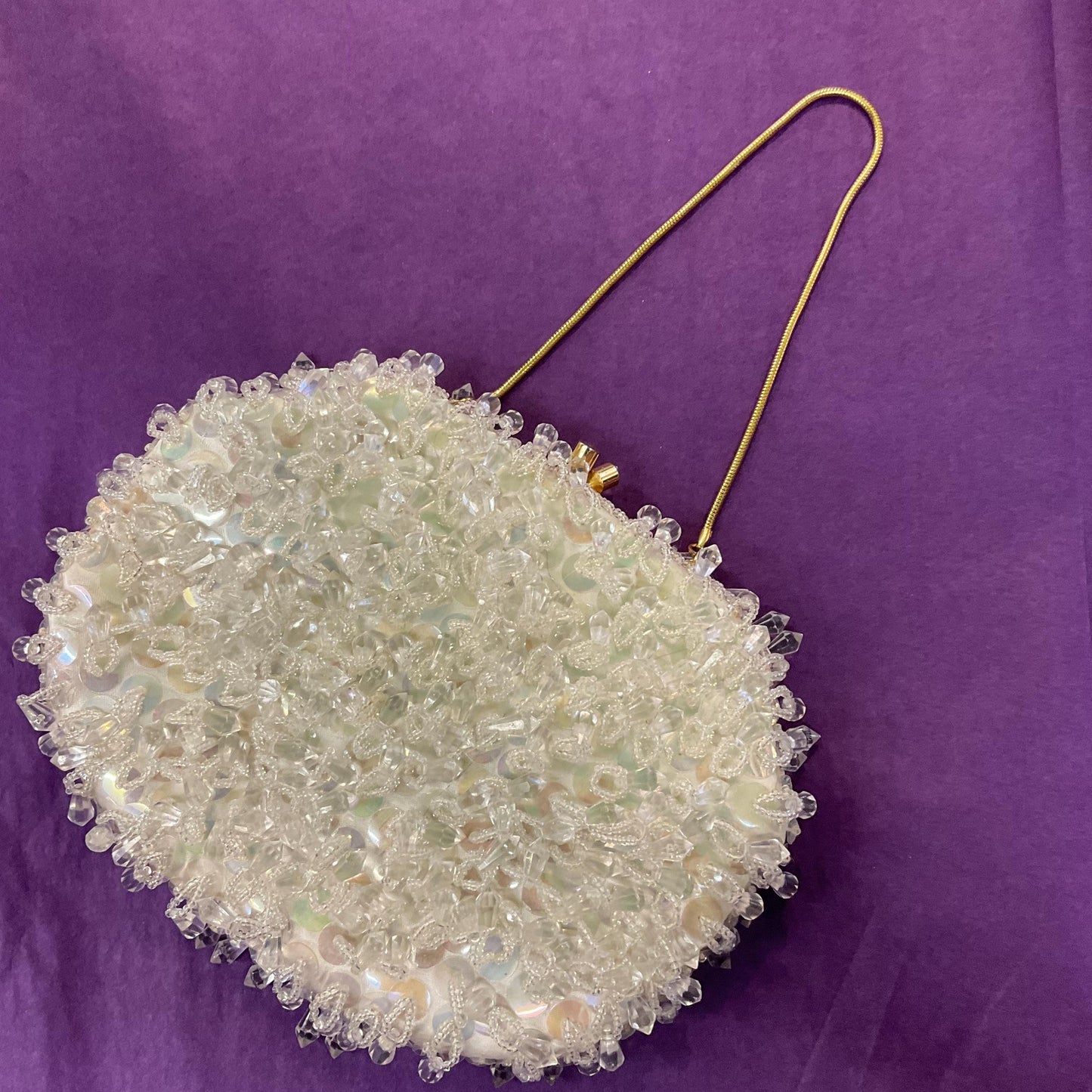 Vintage 1950s/60s Ivory Satin BeadedTassel Evening Bag, Aurora Beaded Sequins, Seed beads and clear Beaded tassels, Vintage Wedding