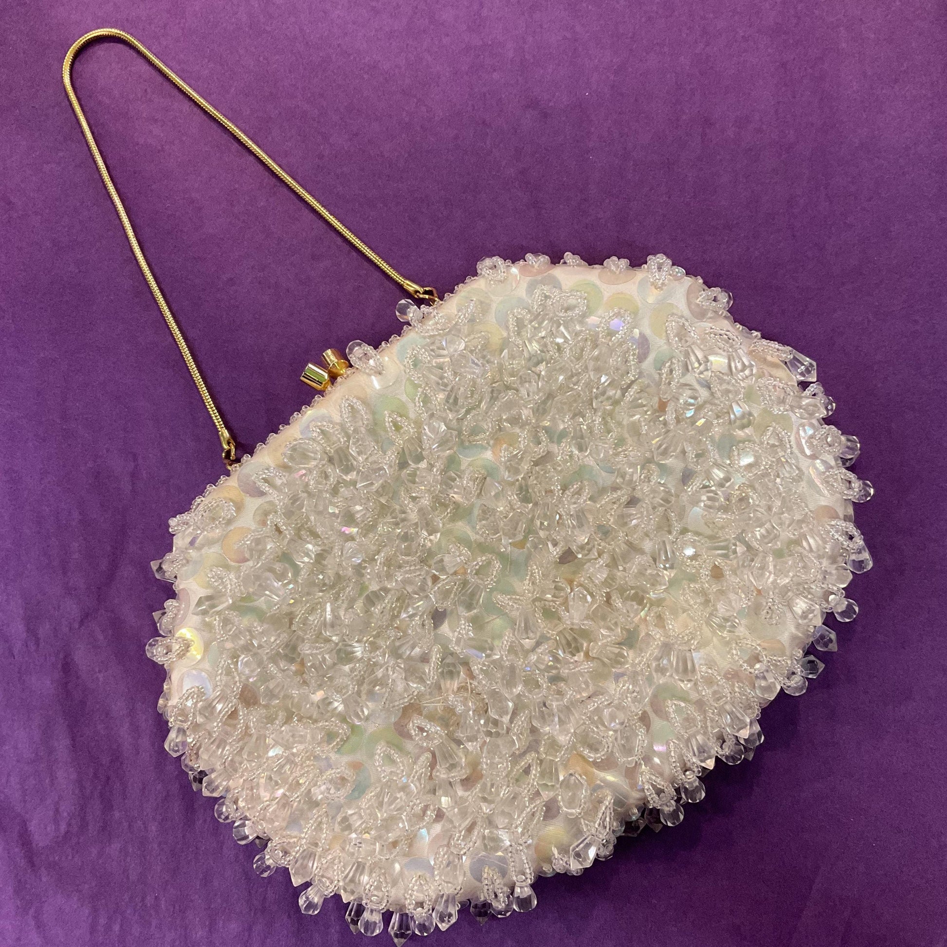 Vintage 1950s/60s Ivory Satin BeadedTassel Evening Bag, Aurora Beaded Sequins, Seed beads and clear Beaded tassels, Vintage Wedding