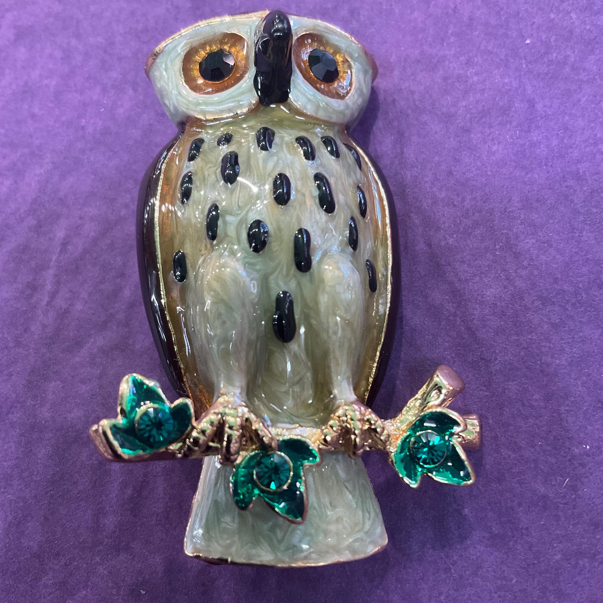 Vintage Butler and Wilson Large Crystal Owl Brooch , Gold Tone with Lustre Enamel and Green rhinestones, Owl lover gift