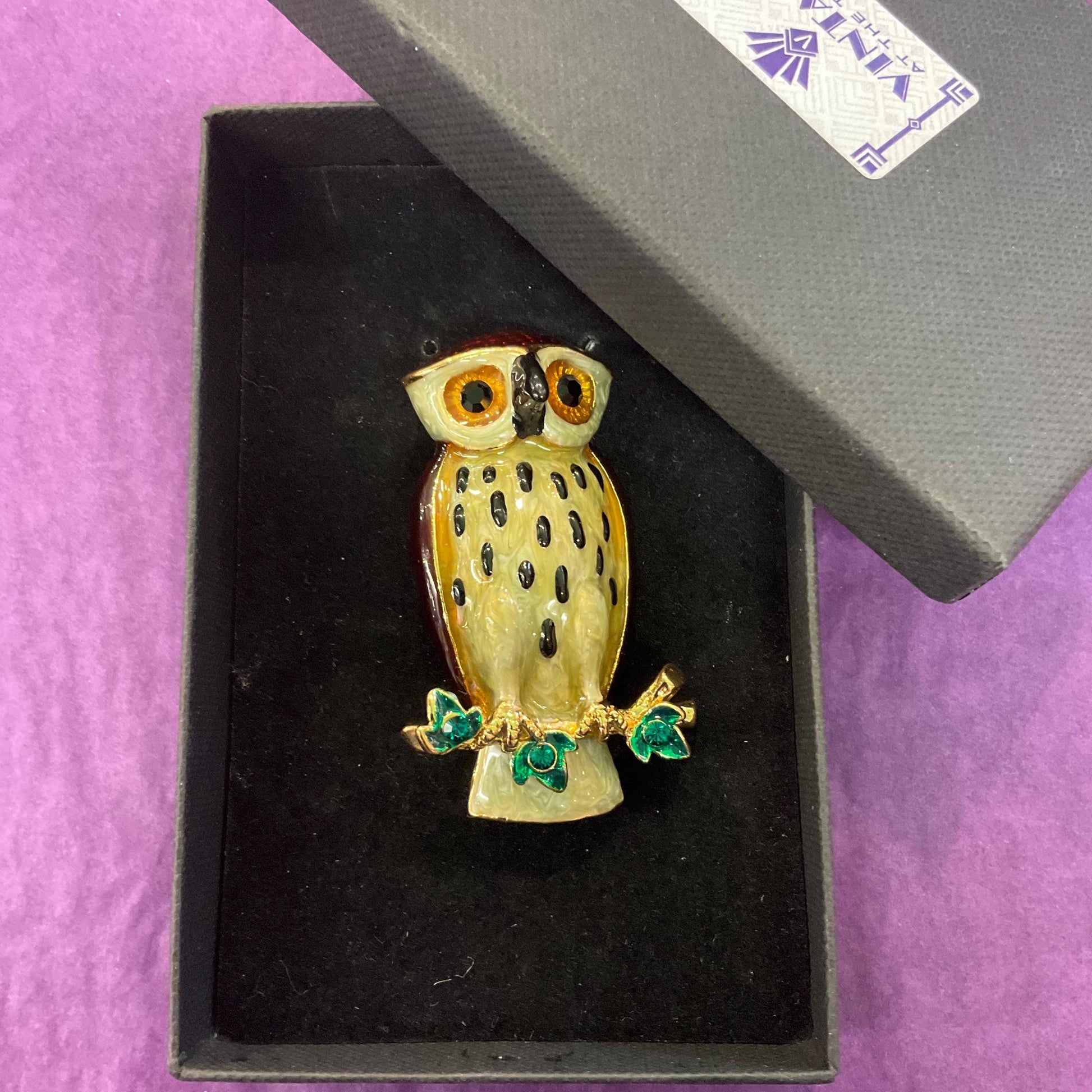 Vintage Butler and Wilson Large Crystal Owl Brooch , Gold Tone with Lustre Enamel and Green rhinestones, Owl lover gift