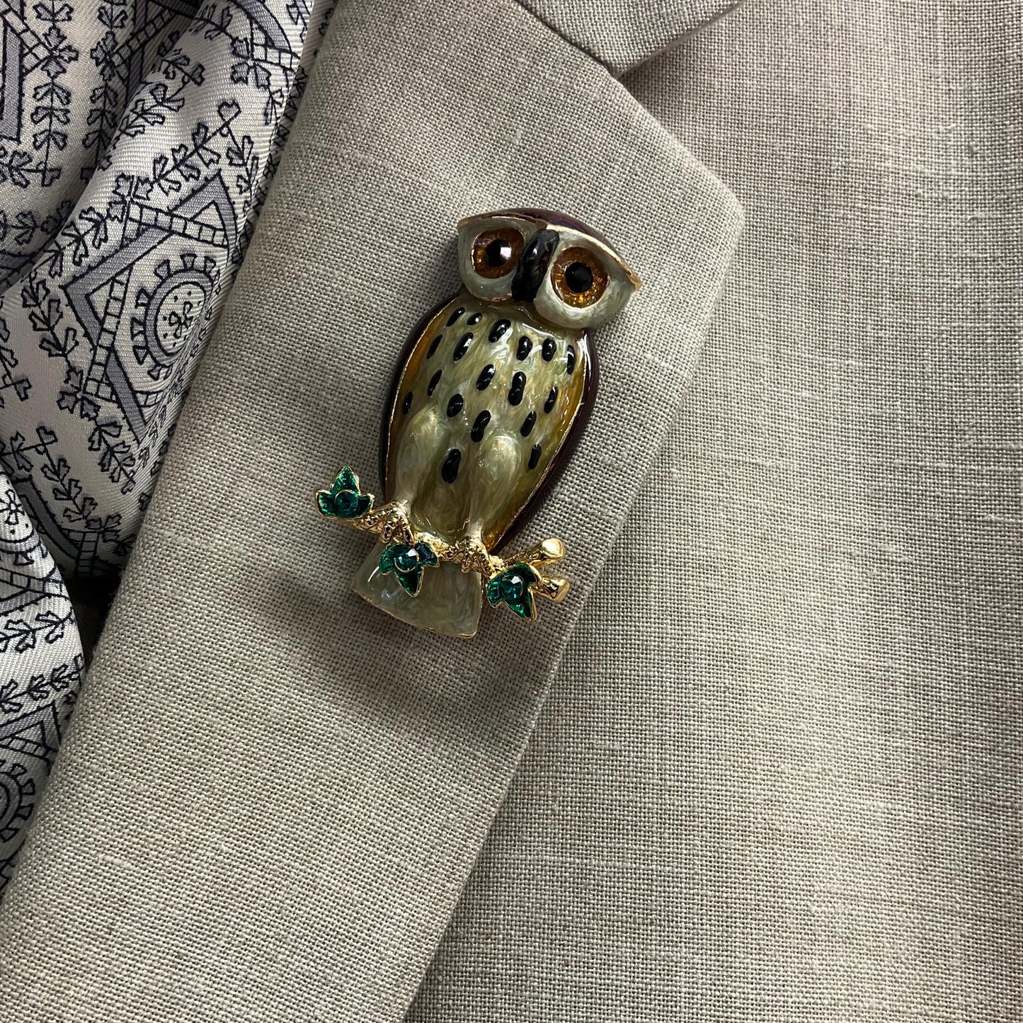 Vintage Butler and Wilson Large Crystal Owl Brooch , Gold Tone with Lustre Enamel and Green rhinestones, Owl lover gift