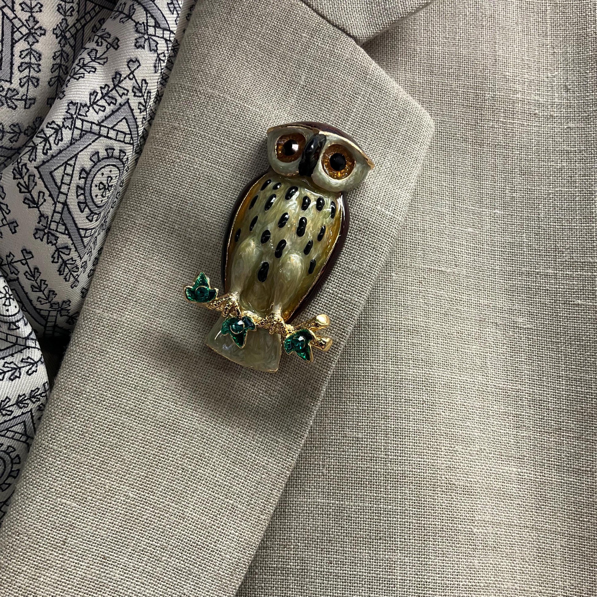 Vintage Butler and Wilson Large Crystal Owl Brooch , Gold Tone with Lustre Enamel and Green rhinestones, Owl lover gift