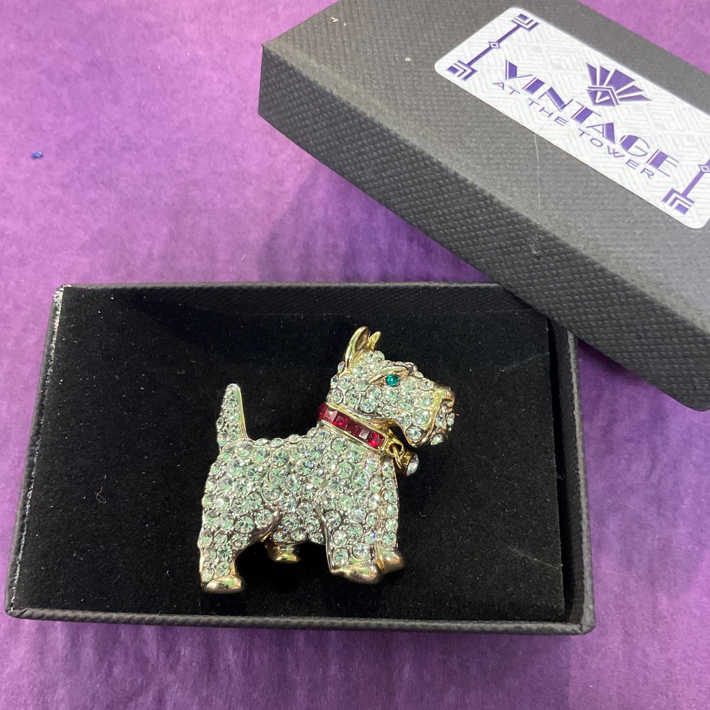 Vintage Butler and Wilson Silver Crystal Scottie Dog Brooch, Gold Tone with Silver, Red and Green rhinestones, Dog lover gift, signed