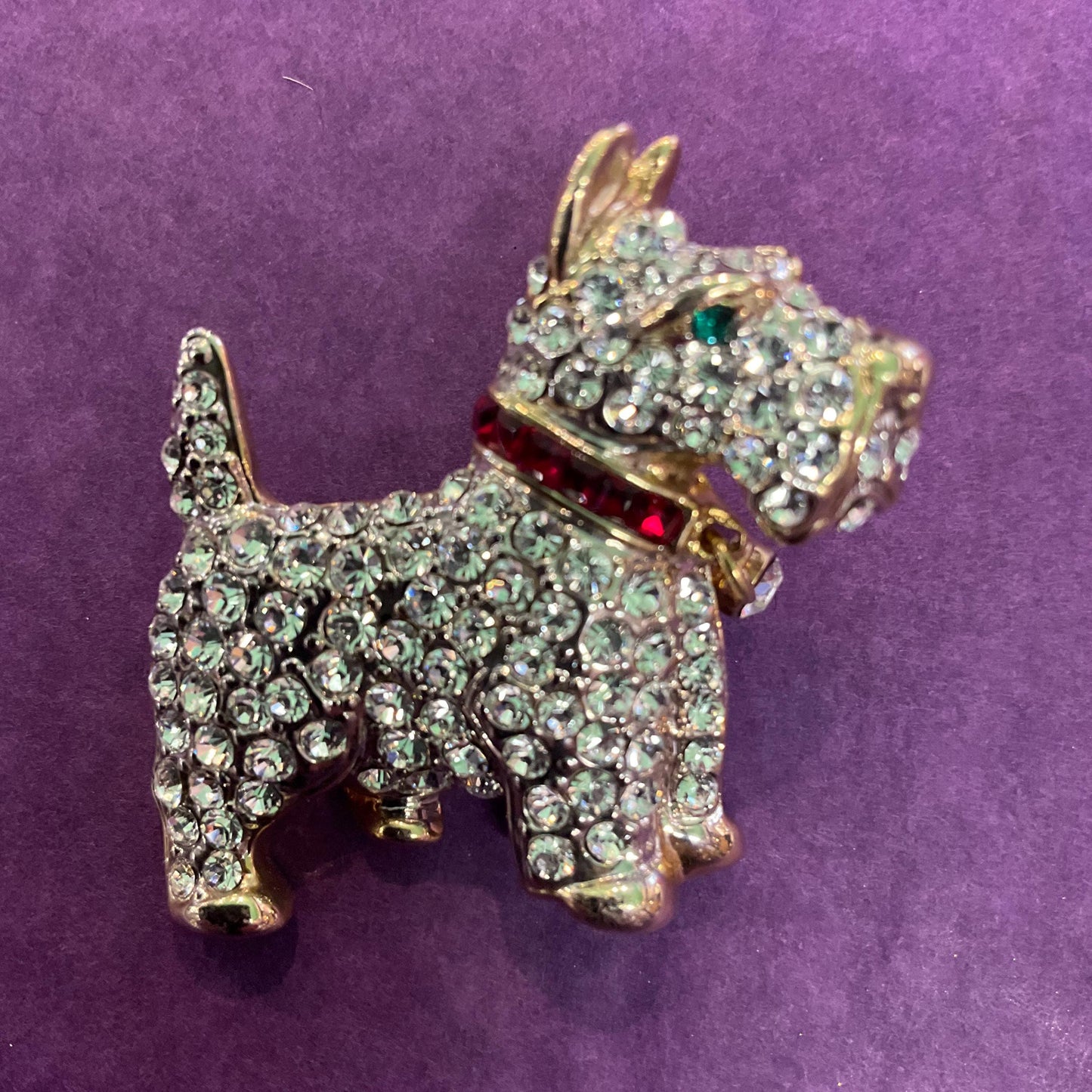 Vintage Butler and Wilson Silver Crystal Scottie Dog Brooch, Gold Tone with Silver, Red and Green rhinestones, Dog lover gift, signed